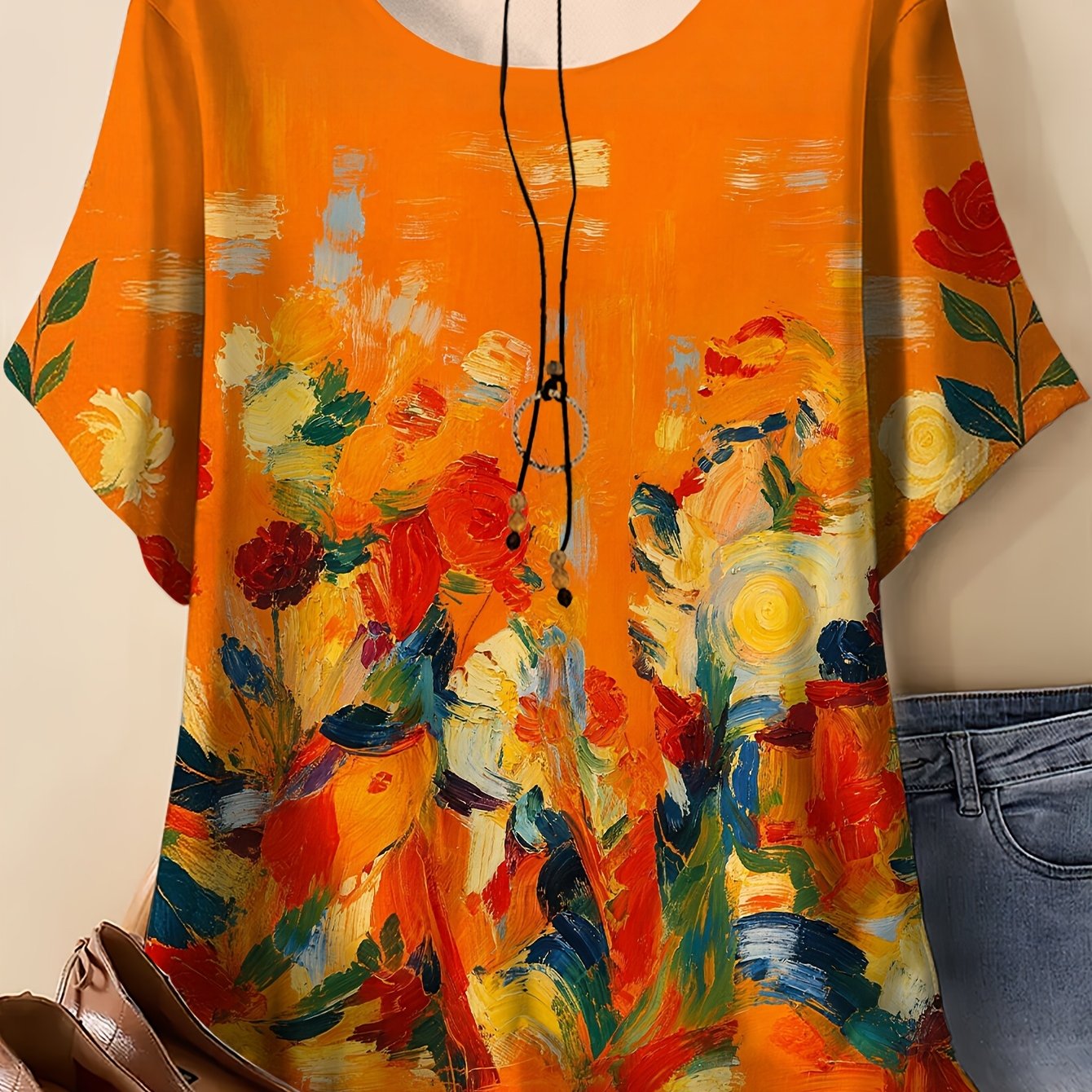 TEMU Plus Size Women's Painting Style Pattern Printed Round Neck Short Sleeve, Summer Casual Comfortable Round Neck Plus Size Short Sleeve, Women's