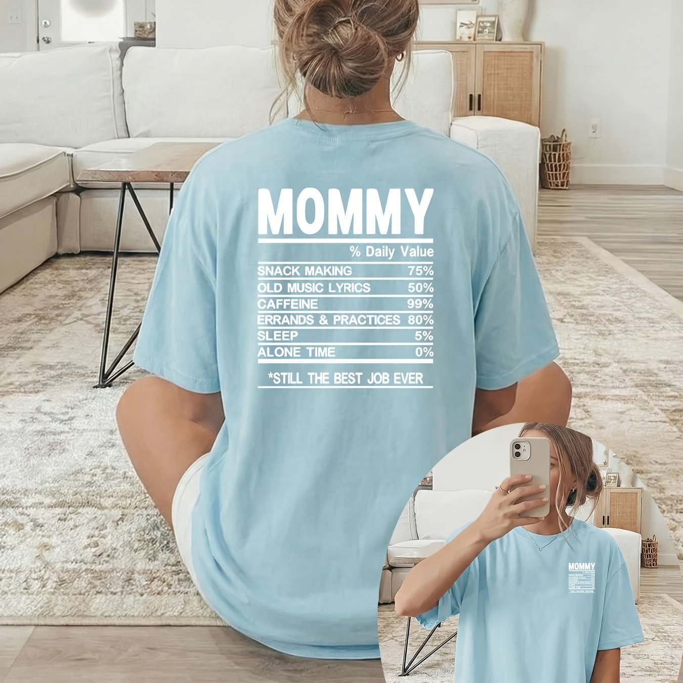 TEMU [double-sided Print] Women's T-shirt, Short-sleeved Round-neck Casual Top, Featuring White "mommy" Text And A Nutritional Facts Label Design.