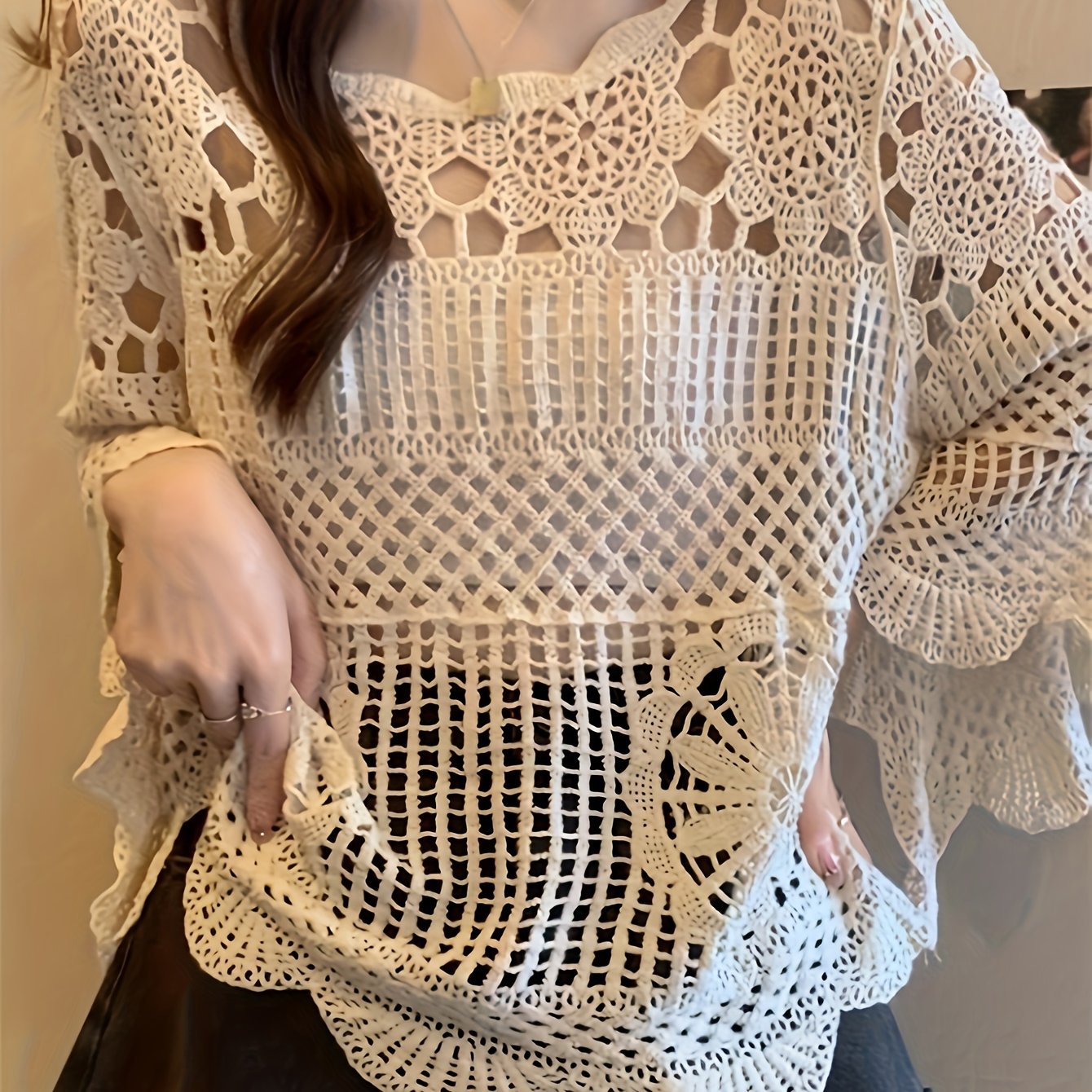 TEMU 여성용 크로셰 레이스 오픈워크 커버업, 여름용 경량 프렌치 스타일 아우터웨어, 플레어 슬리브 루즈핏 상의, 고급 레이스 크로셰 비대칭 상의, 에어컨용 커버업