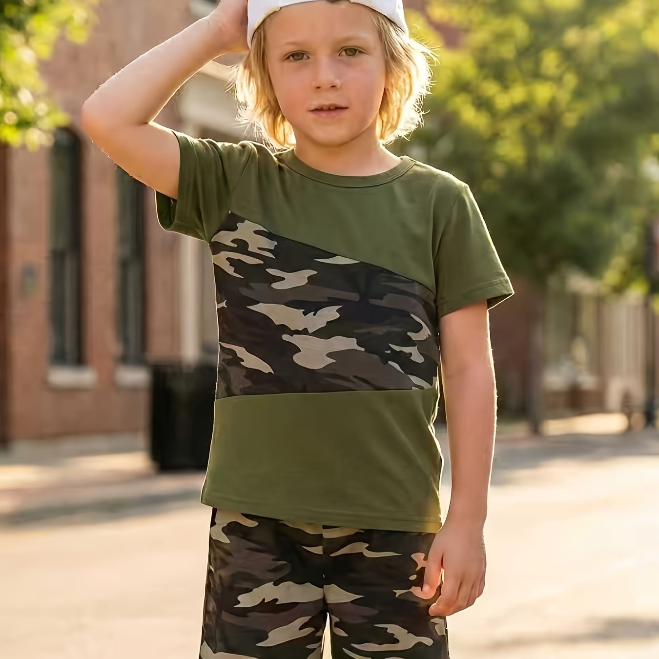 Boys' Camouflage Short Sleeve Shorts Set, Perfect For Outdoor
