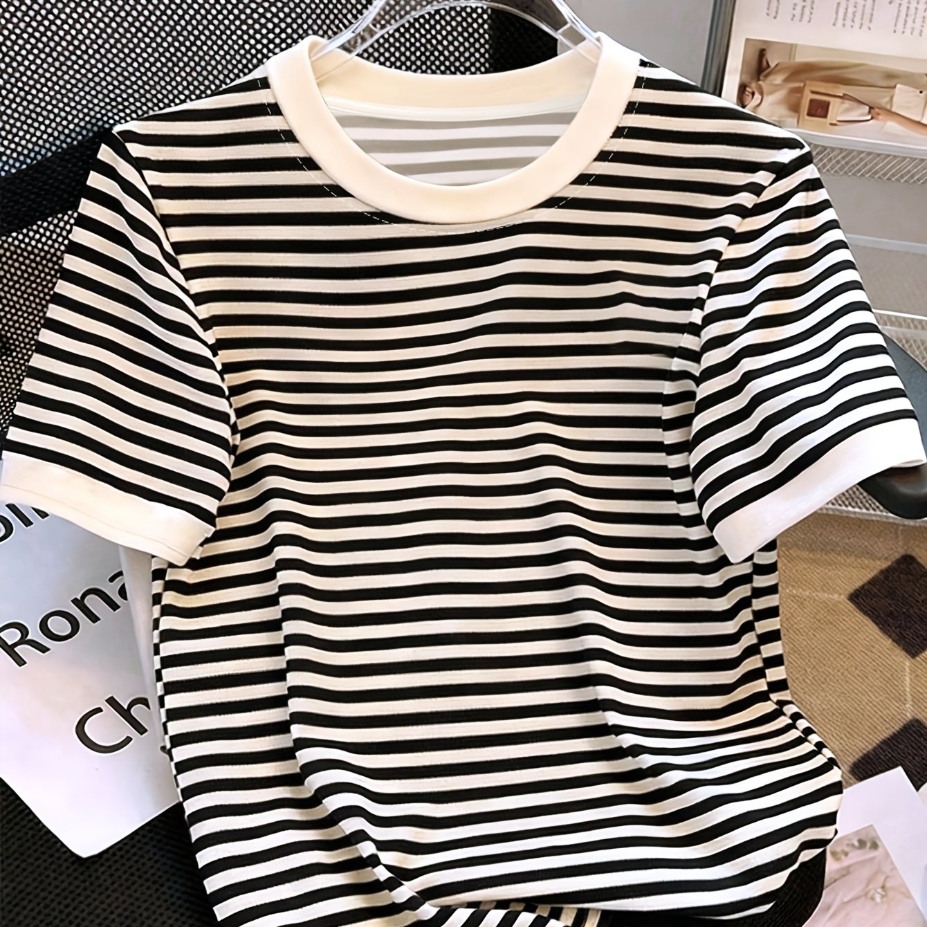 TEMU T-shirt 2026 pour femme, mode printemps/été, à col rond, rayé, color-block, confortable, décontracté, polyvalent, à manches courtes