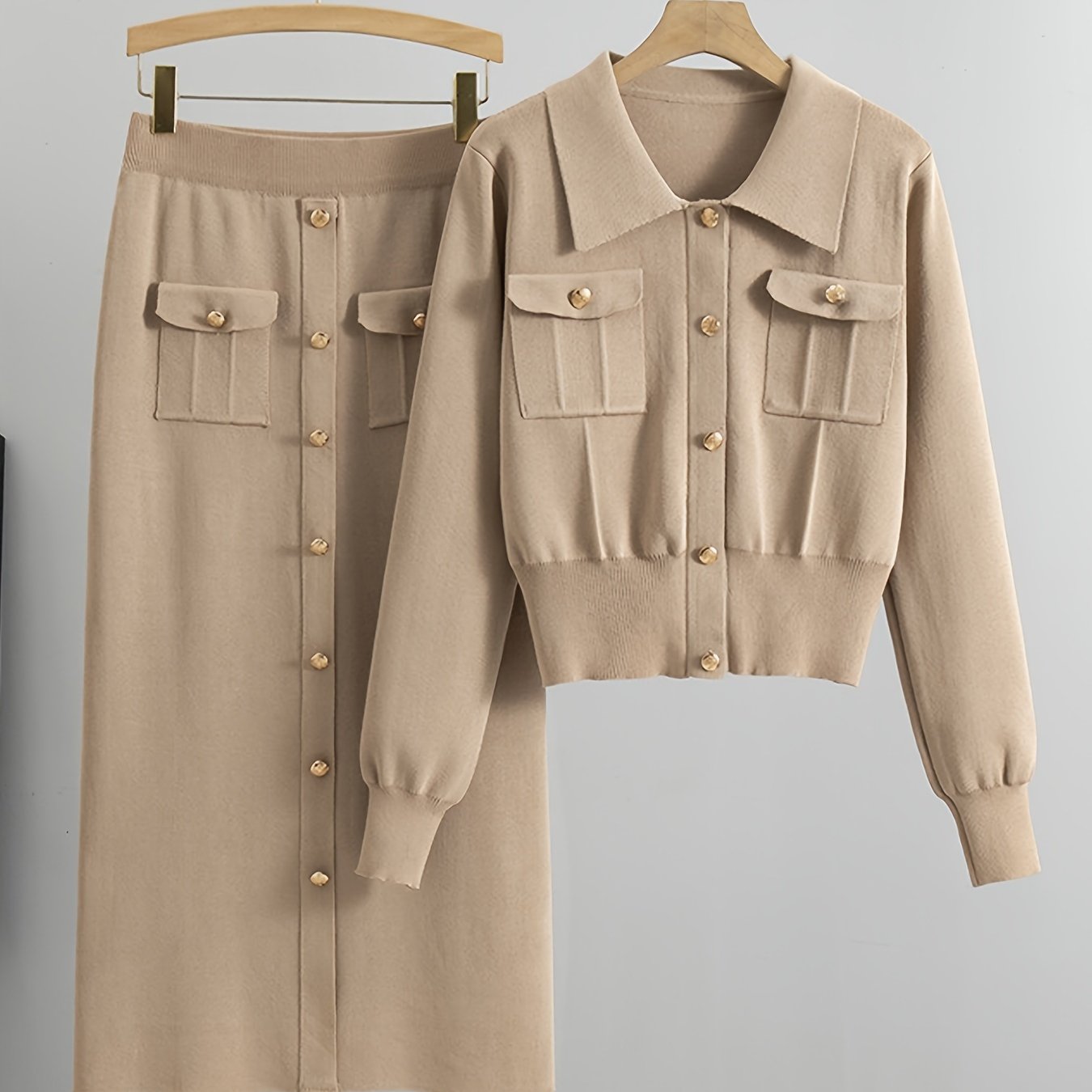 TEMU 2pcs Women's Viscose Blend Co-ord Set, Casual Lapel Collar Long Sleeve Knit Sweater And Skirt, Solid Color, Regular Fit, With Fake Button