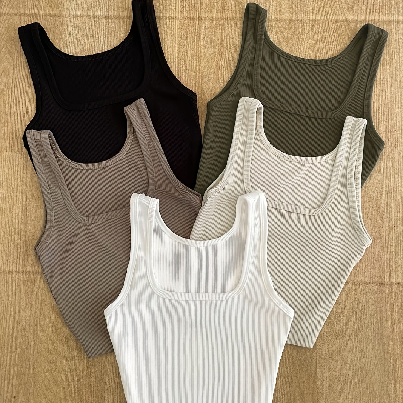 TEMU Wilderness - Women's 5pcs Set Ribbed Crop Top, Square Neck Slim Fit Sleeveless Basic Tank Top, Summer Top, Tank Top