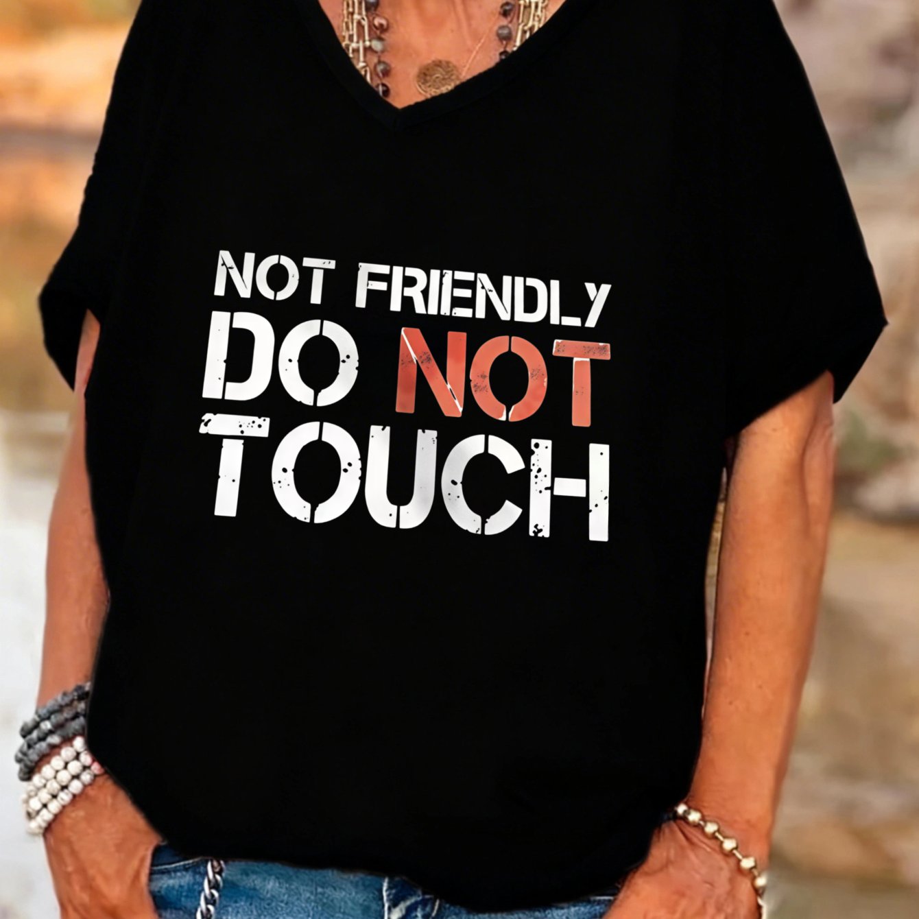 TEMU Plus Size Women's V-neck Batwing Sleeves T-shirt Not Friendly Graphic Print Summer Outfit Gift For Her