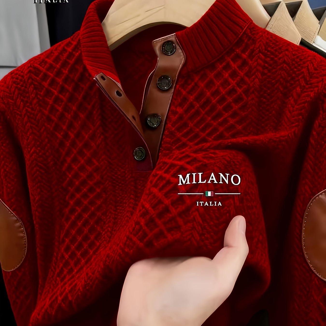 TEMU Men's Casual Knitwear, Men's Jacquard Stand Collar Knit Sweater, Jacquard Sport Sweatshirt, Button- Collar, Color-block Design, Long-sleeve