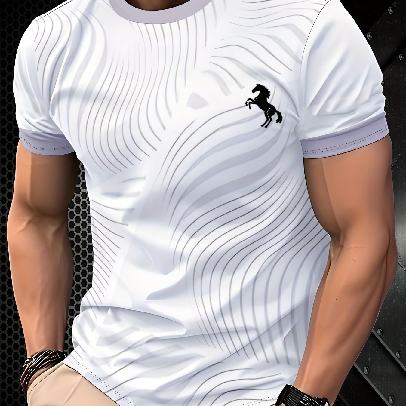 TEMU Men's 3d Striped Print Short Sleeve T-shirt, Regular Neck, Stretch, Comfortable Everyday Undershirt, Fashionable Streetwear, Machine Washable,