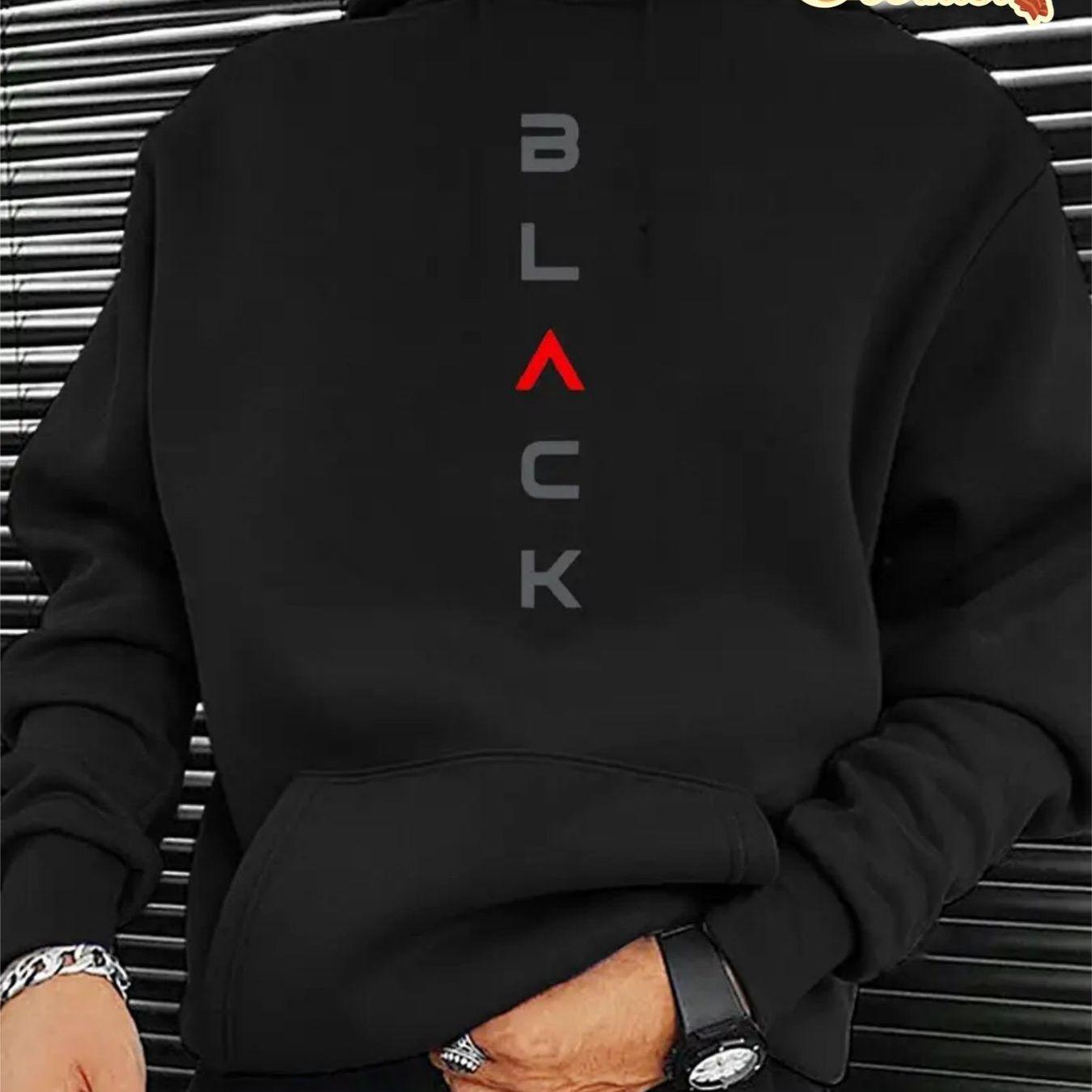Image of Black Minimalist Vertical Text Graphic Hoodie Regular Fit Long Sleeve Sweatshirt, Comfortable, Fit, Red Accent Design, Perfect Gift, Streetwear & Minimalist Lover Gift, Casual