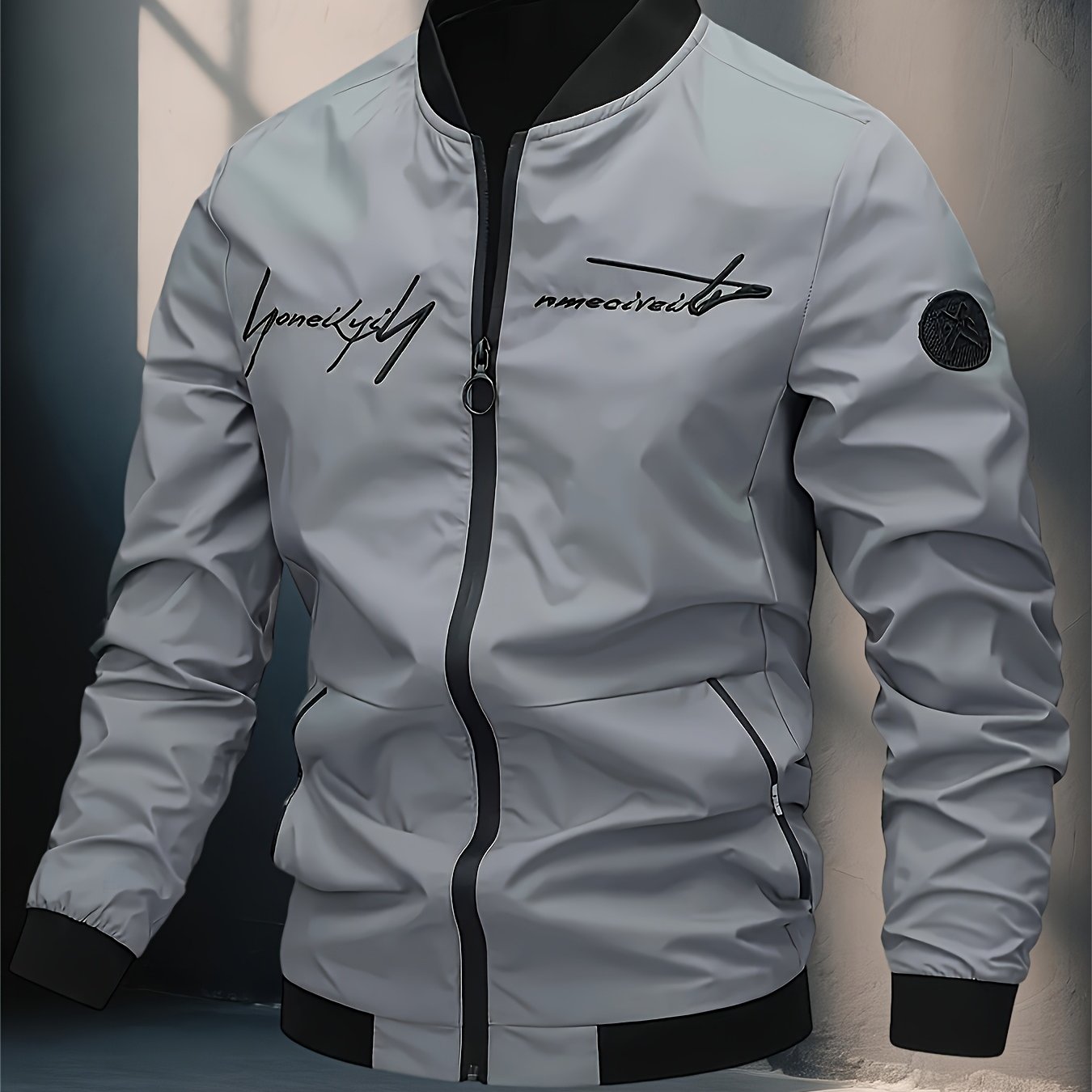 TEMU Windproof Jacket: Men's Pilot Jacket With Letter Embroidery And Full Zip Closure, Suitable For Outdoor Sports, Hiking, And Urban Commuting -