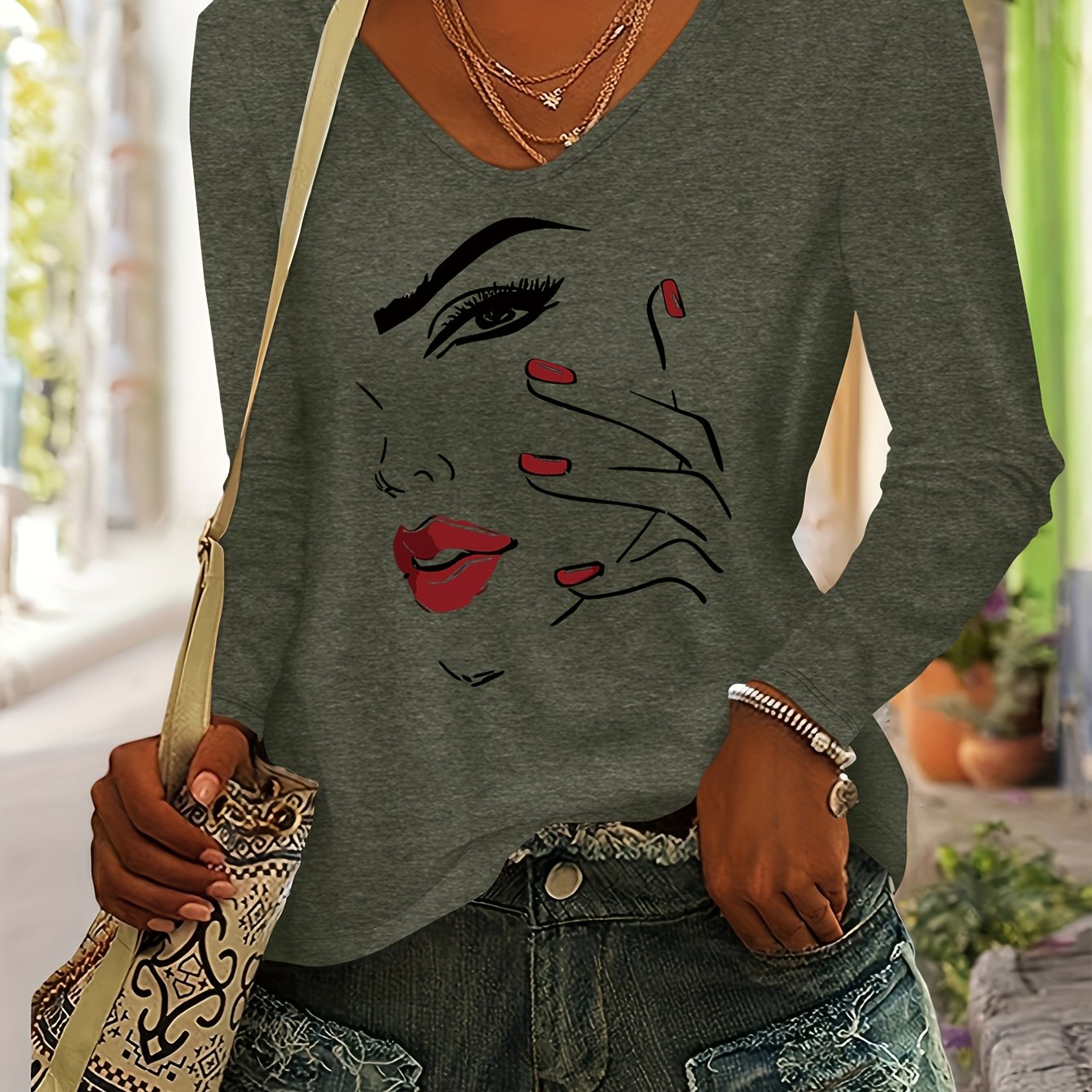 TEMU Haut d'automne et d'hiver pour femmes avec motif portrait, T-shirt décontracté et tendance à manches longues et col en V, polyvalent et coloré