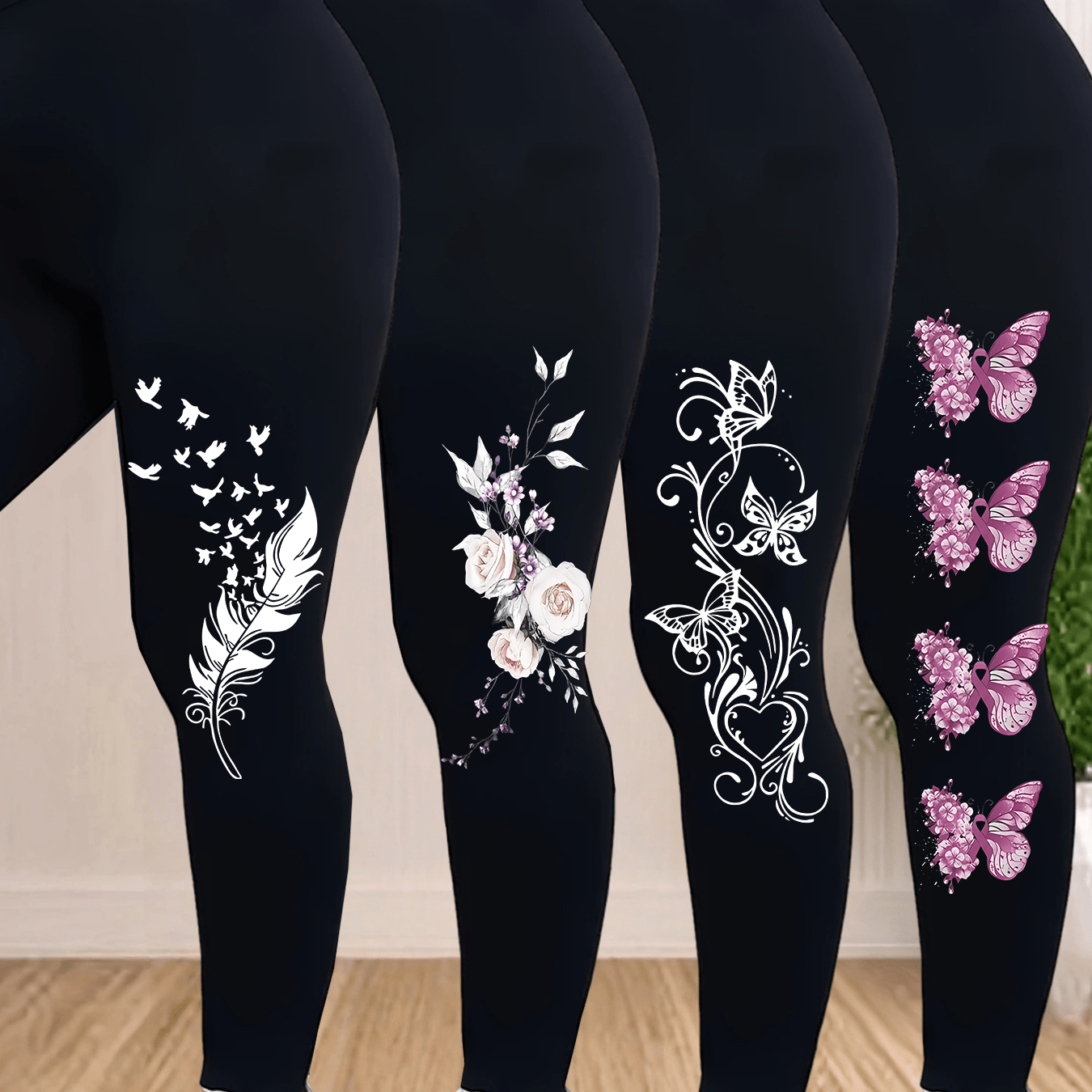 TEMU Plus Size - Plus Size - Set Of 4 Oversized Casual Pants Featuring Floral Print, Designed For Women With Stretchy And Form-fitting