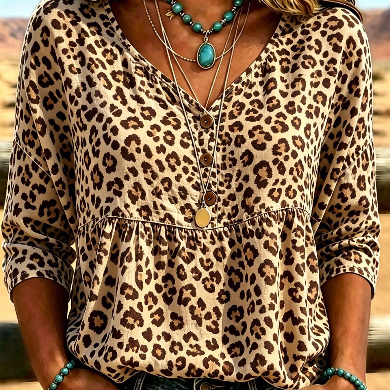 Women's Leopard Print Babydoll Shirt Summer Loose V-neck Half Sleeve Casual Button Blouse