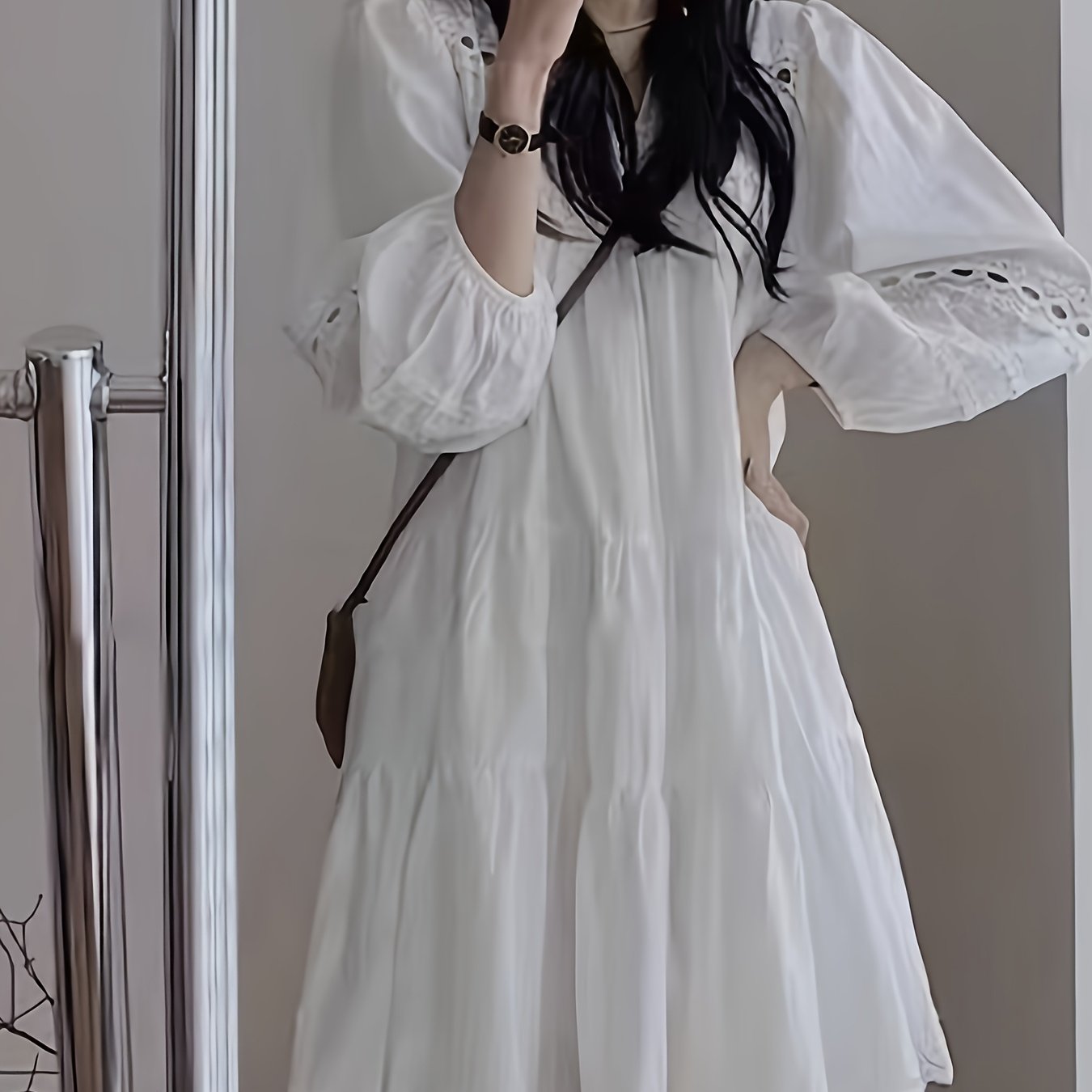 E-shop Neues langärmelliges Kleid im französischen Stil mit Aussparungen Spleißungen, Sommer, böhmisch, lockerer A-Linien-Rock