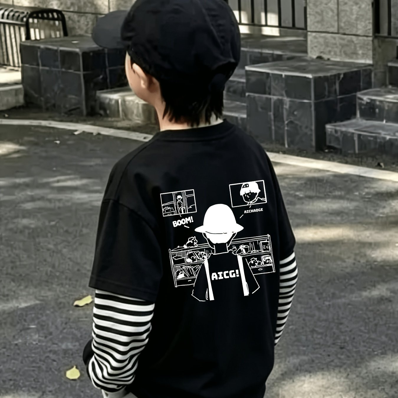 TEMU 1pc Boys' Two-piece Black And White Striped Top - Boys' Mid-size Fashion Black And White Striped Two-piece Versatile Trendy T-shirt Top
