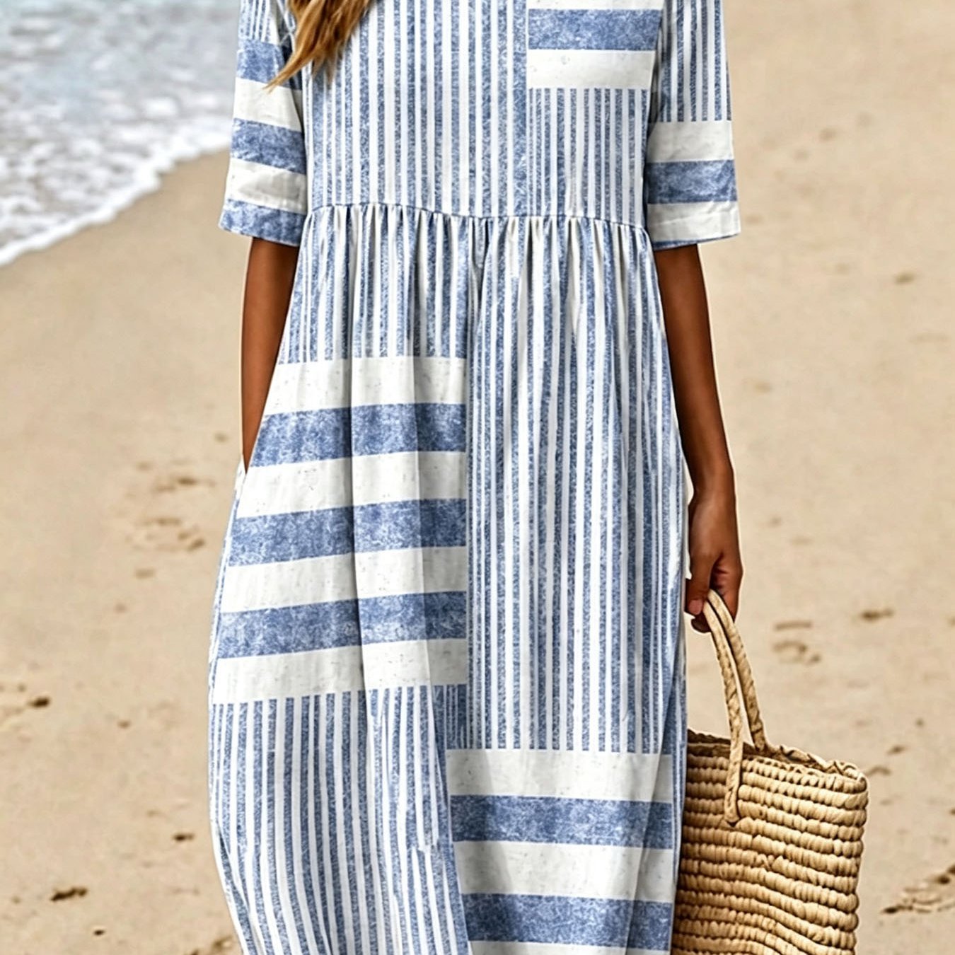 2026 New Women's Irregular Striped Print Midi Dress, Short-sleeve Round Neck Straight Dress, Suitable For Everyday Wear, Vacation, And Beach Parties, Casual, Elegant, And
