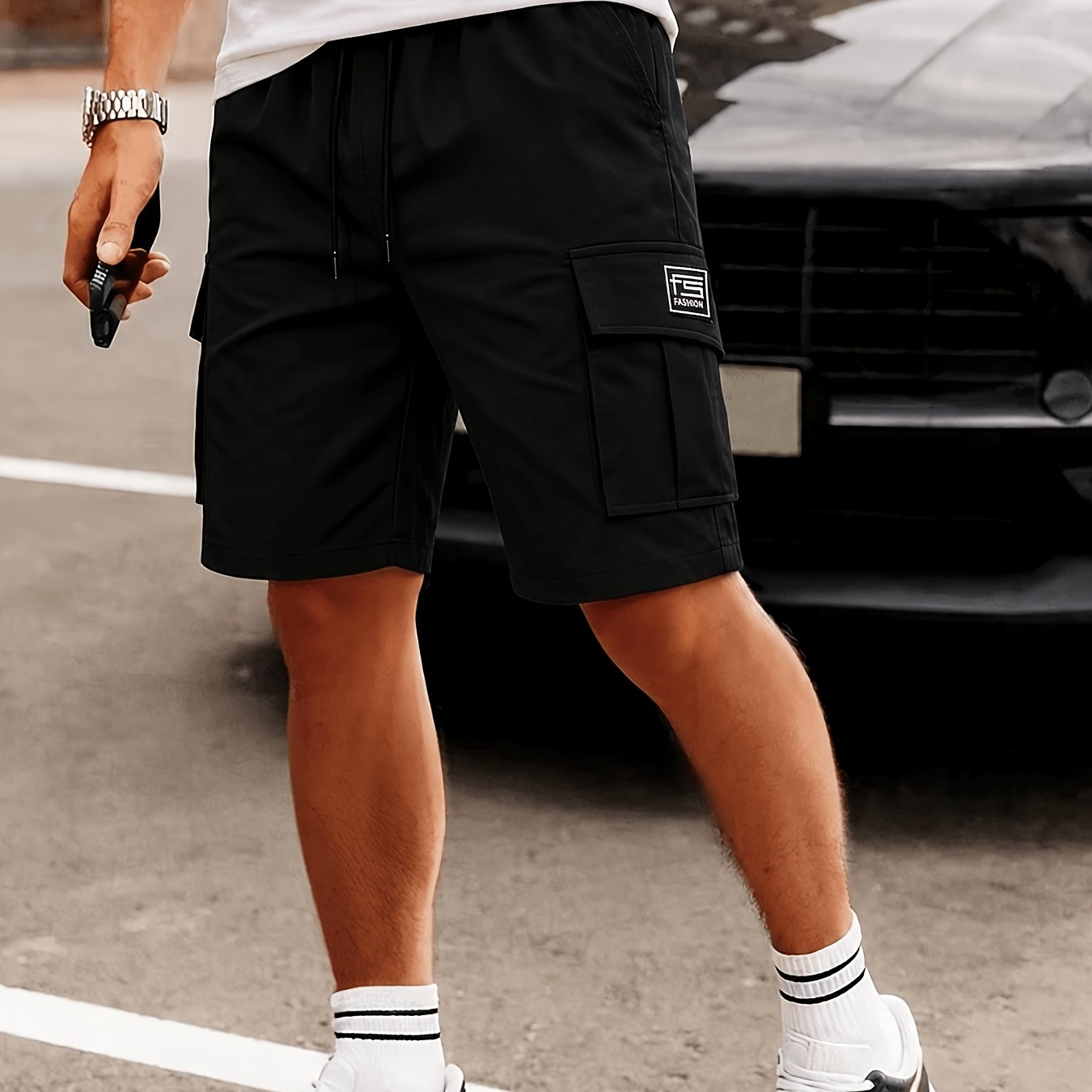 TEMU Youth Cargo Shorts With Drawstring Waist & Functional Pockets - Soft Loose-fit Outdoor Shorts Suitable For Streetwear,, Camping | Machine