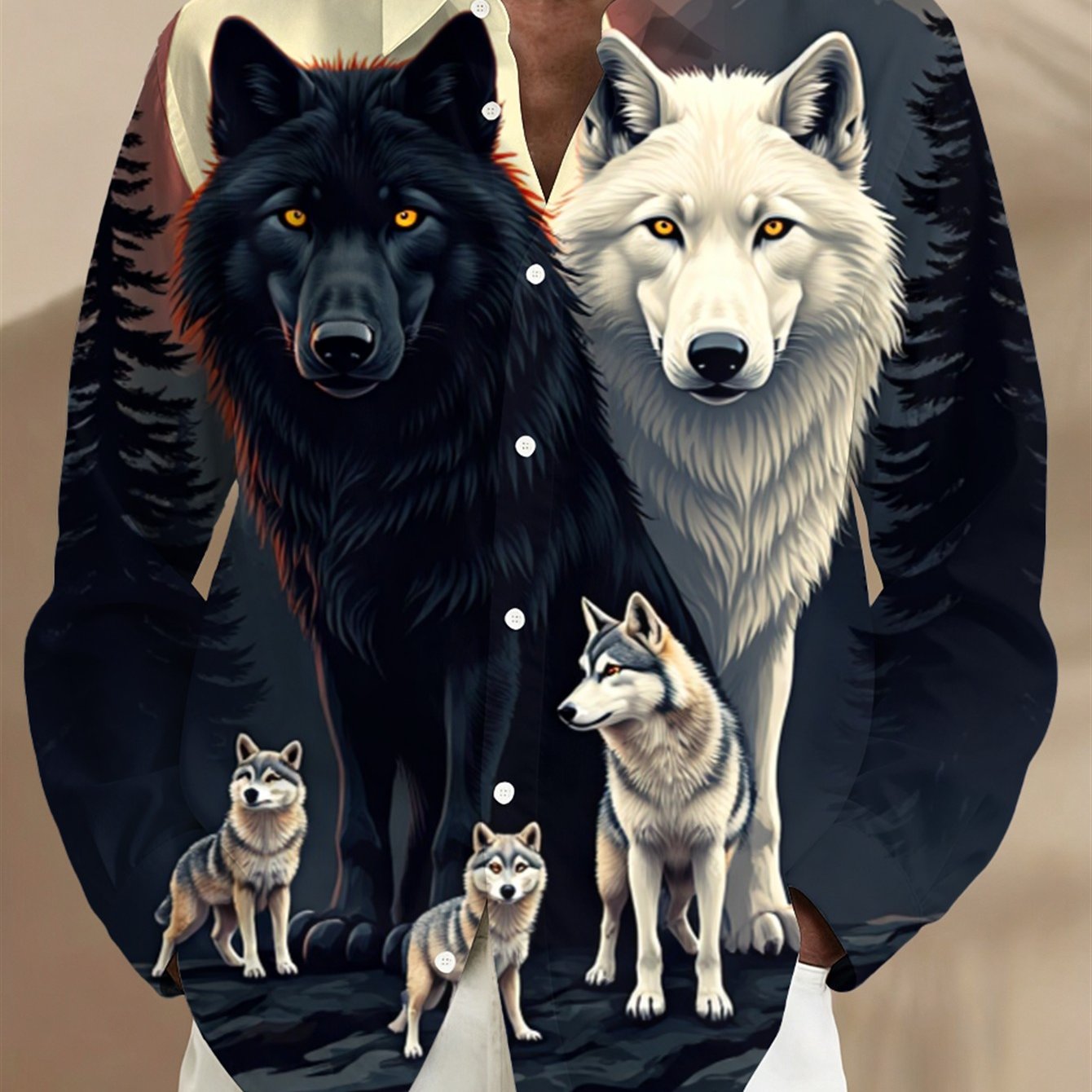 Image of Men's Long-sleeve Button-up Shirt Featuring A Dramatic Black And White Wolf Pc Graphic With Forest Background