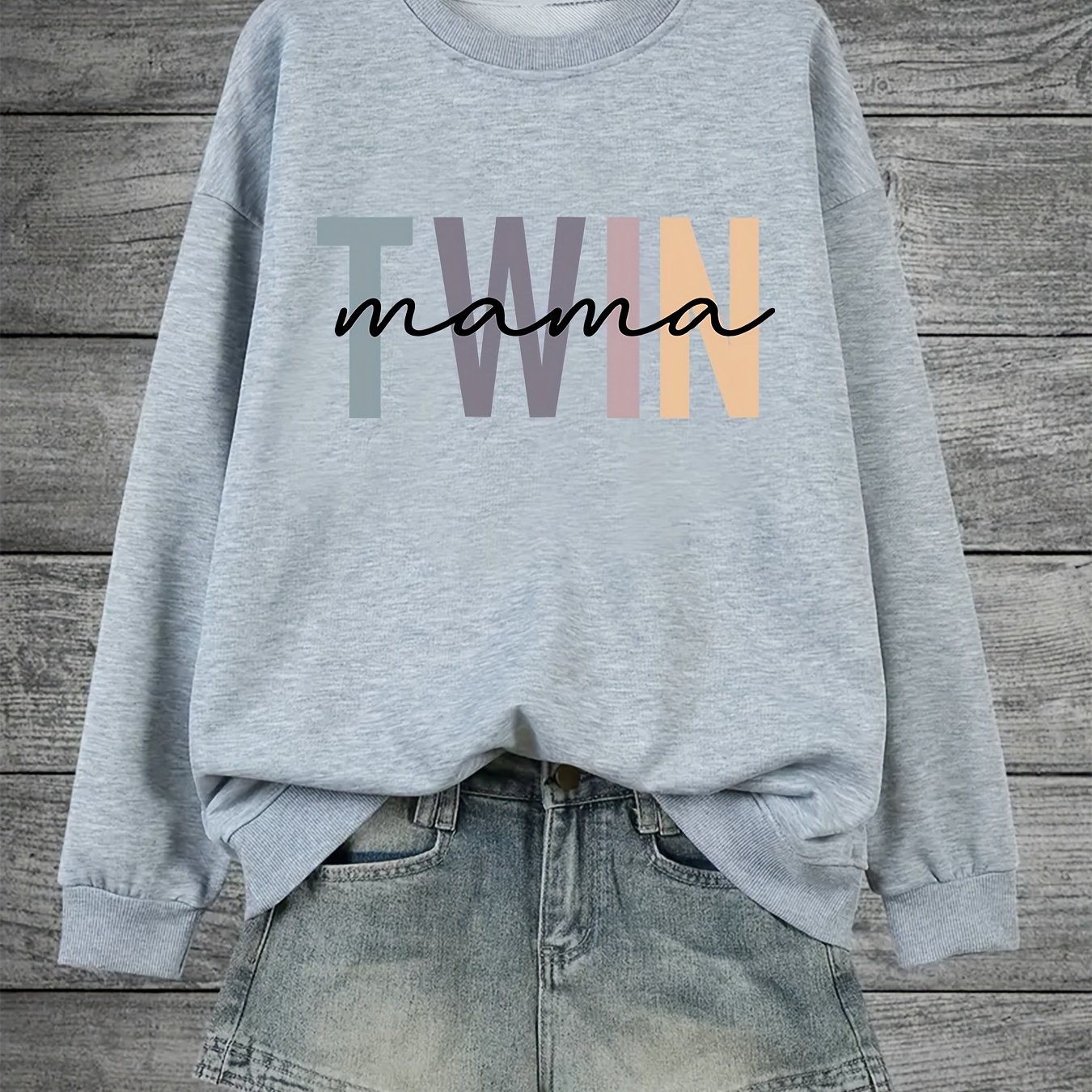 TEMU Twin Mama Print Sweatshirt, Casual Long Sleeve Crew Neck Pullover Sweatshirt For Fall & Winter, Women's Clothing