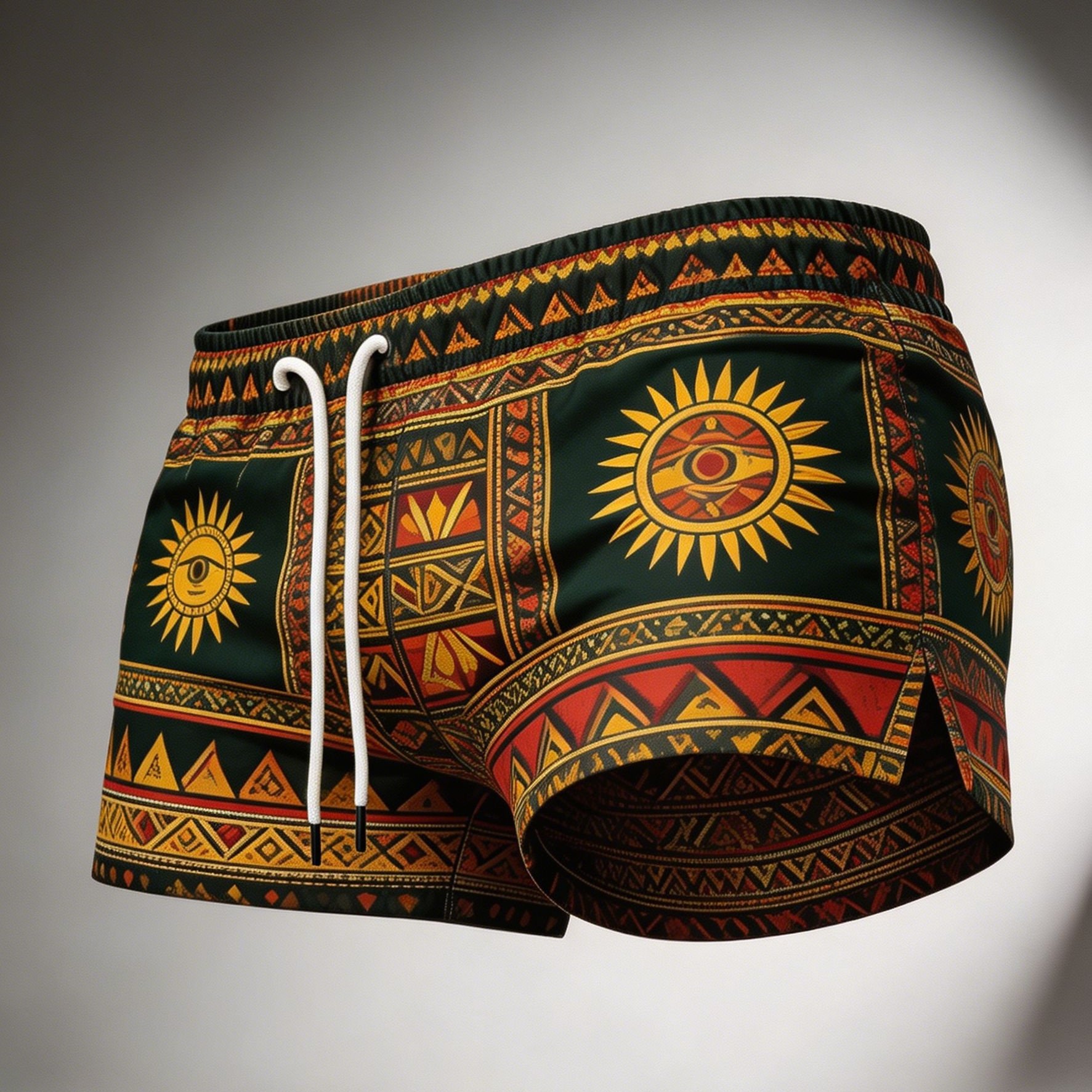 Image of Men's Beach Shorts, Trendy Pieces For Seaside Surfing, Essential Styles For Men' Vacations, 's Swim Trunks, Vintage Tribal Sun Totem Geometric Print, Adjustable Drawstring, Polyester Fabric