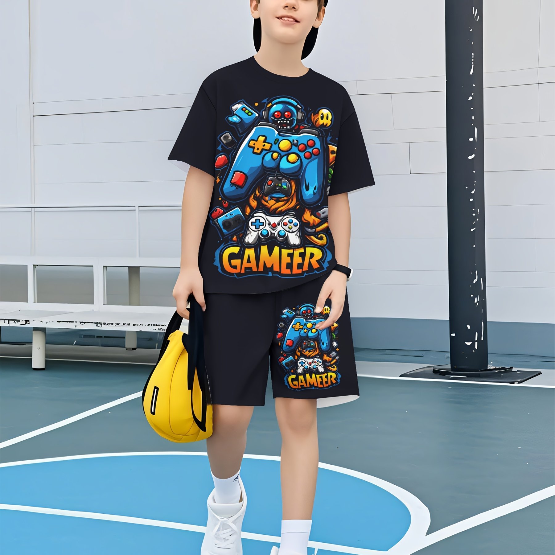New Novelty Character Game Console Pattern 3d Printed Top, Short-sleeved Shirt And Shorts Two-piece Set For Girls And Boys, Perfect For Outdoor