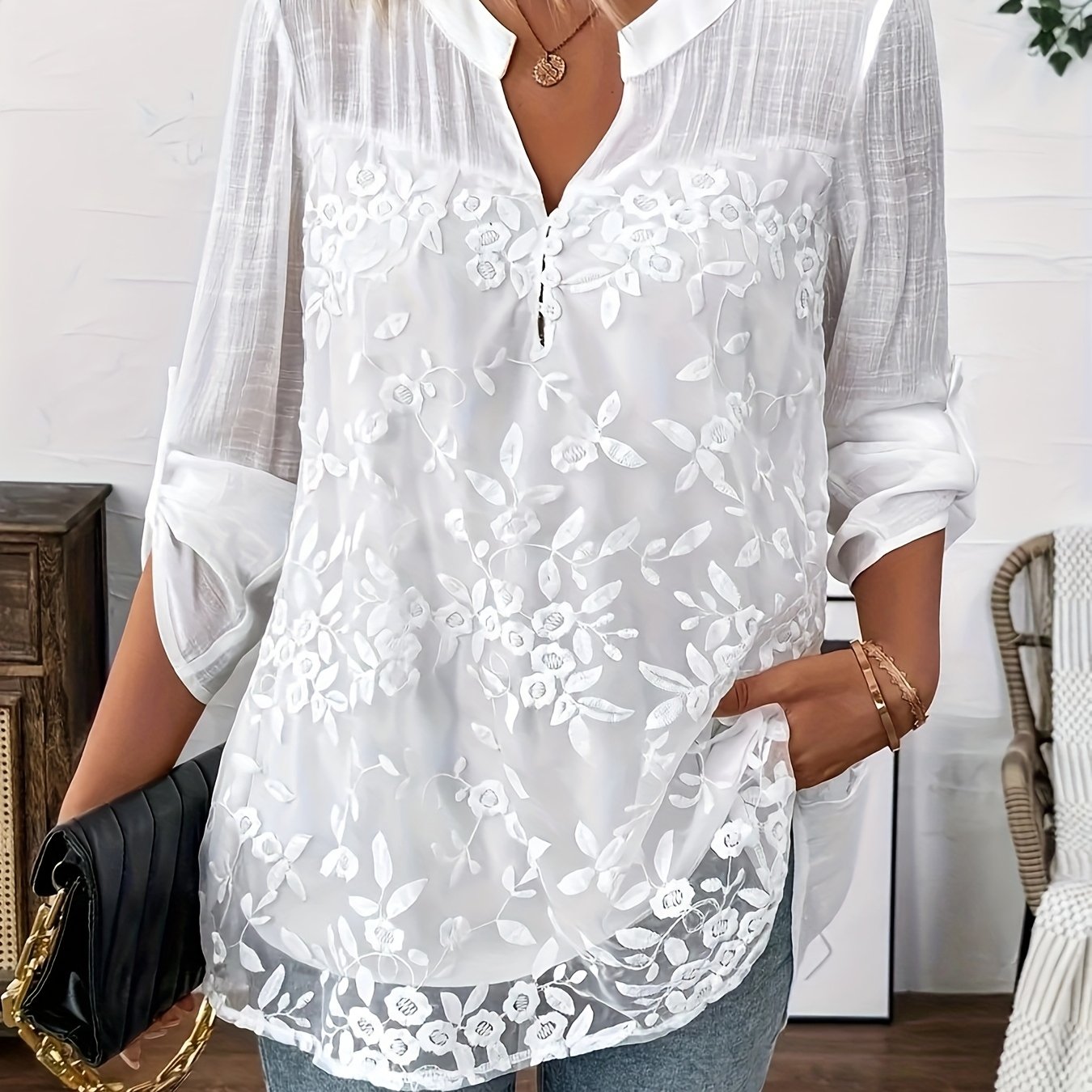 Image of Women's Elegant Floral Embroidery Long Sleeve Blouse - 100% Polyester, Lace Detail, Round Neck, Spring & Fall, Casual Attire|floral Print Top|polyester Fabric