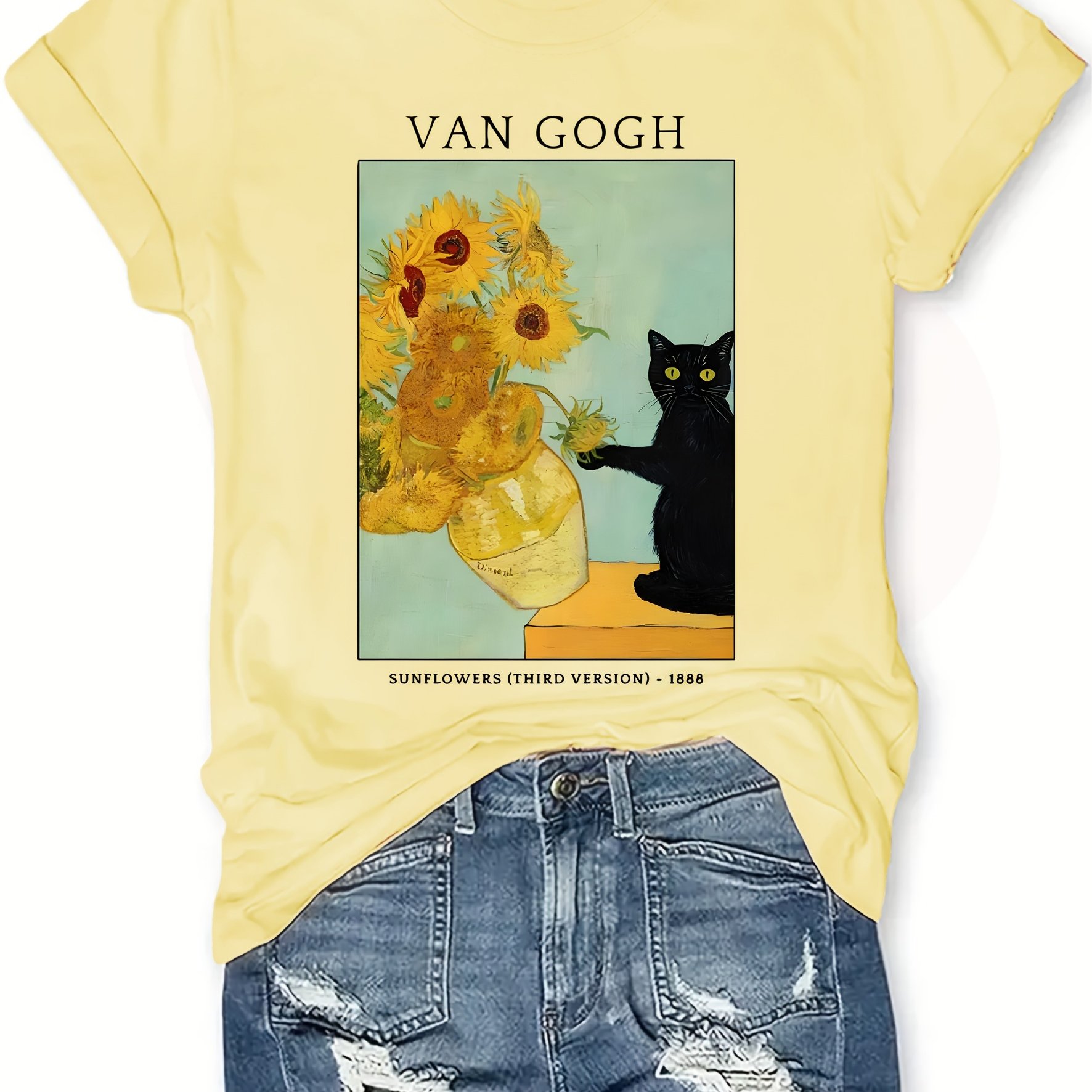 TEMU Sunflower Cat Printed Women's Summer Dress Combination Version Round Neck T-shirt