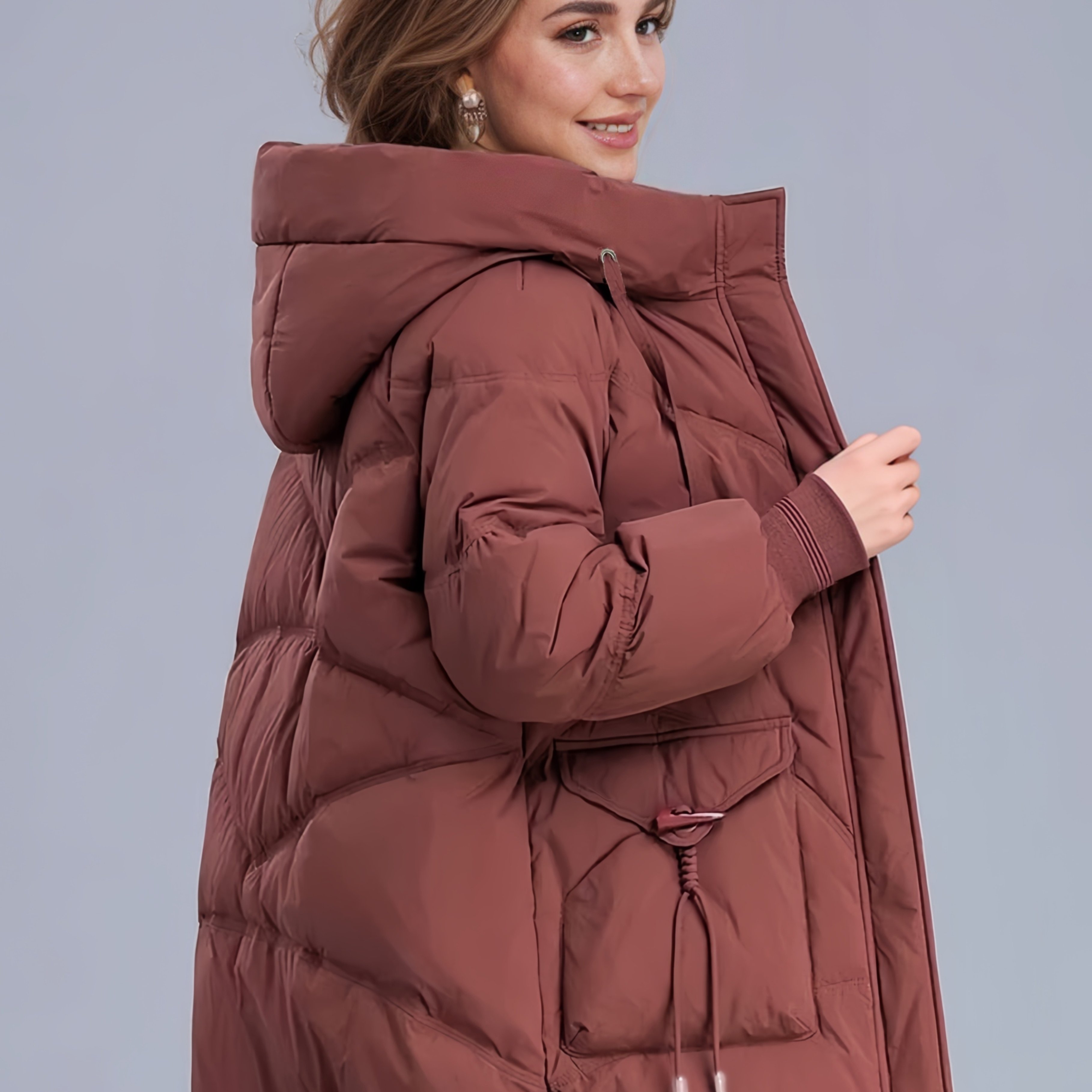 Image of Autumn/winter Elegant Temperament Commuter Mid-length Hooded Women's Jacket With Large Pockets, Zipper Puffer Coat, Women's Winter Overcoat