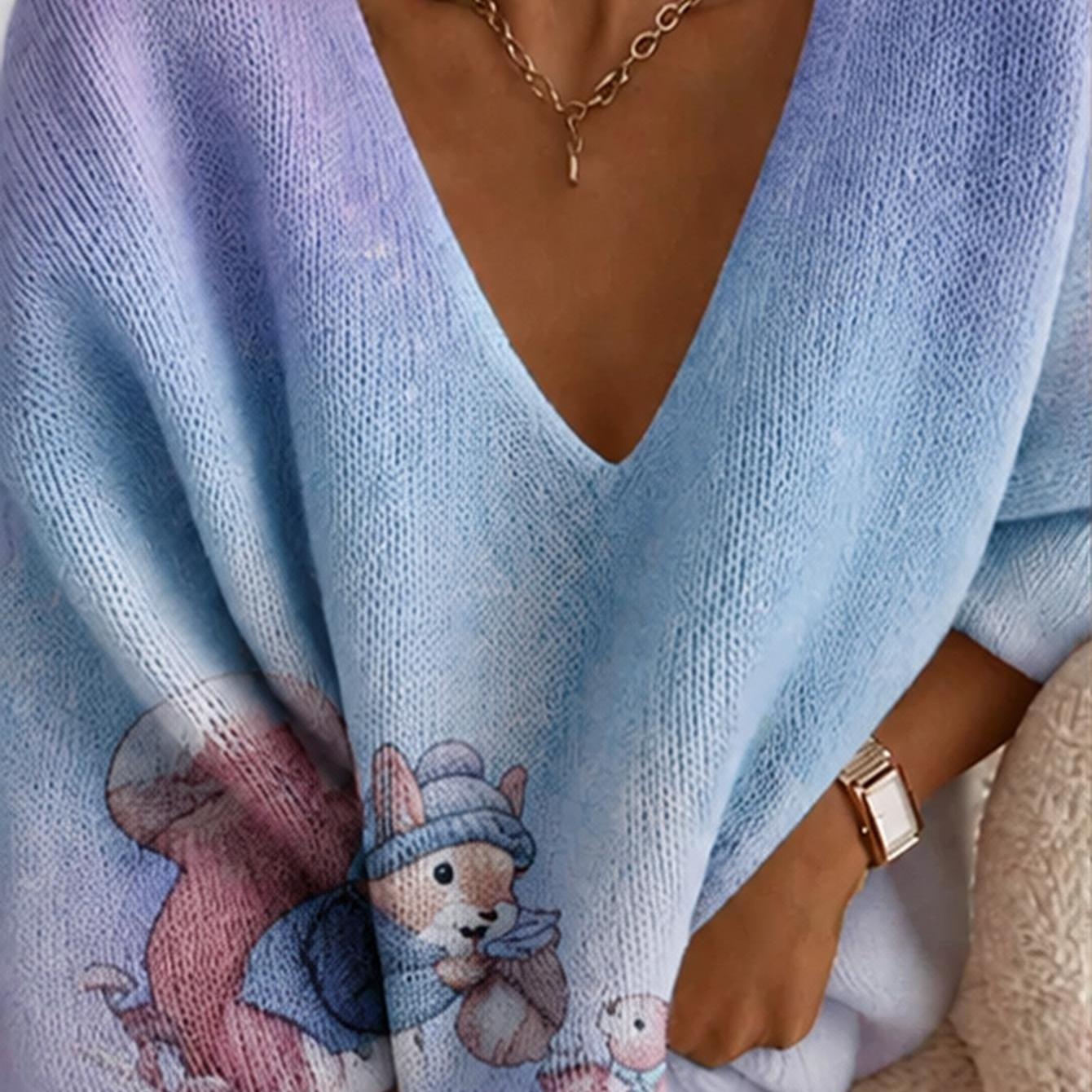 Image of Plus Size Long Sleeve V-neck Sweater, Blue Christmas Squirrel Print V-neck Sweater For Women Classic And Versatile Elegant Loose-fit Comfortable Sweater For Women, Autumn/winter Sweater For Women With