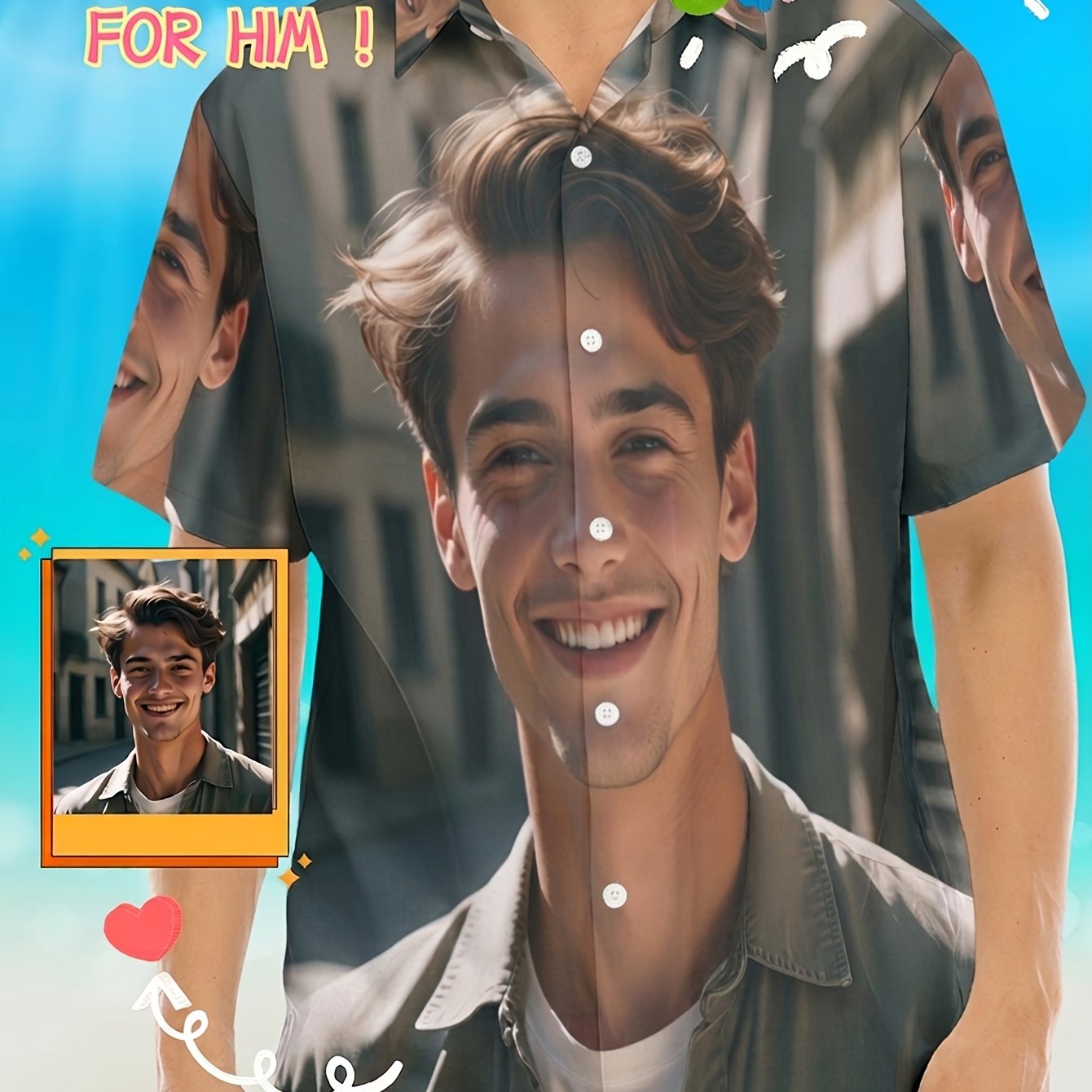 TEMU [DIY] Gepersonaliseerde bedrukte overhemden op maat, grote maten casual overhemden voor heren, vervanging van grappig gezicht met portretfoto,
