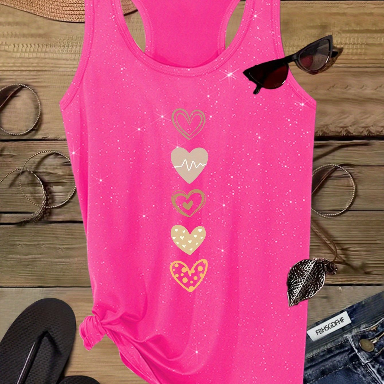 TEMU Women's Sparkly Sequin Heart Print Tank Top - Sleeveless, Glittery Blue Casual Summer Top With Ekg Line Detail, Polyester Fabric, Shaped Design