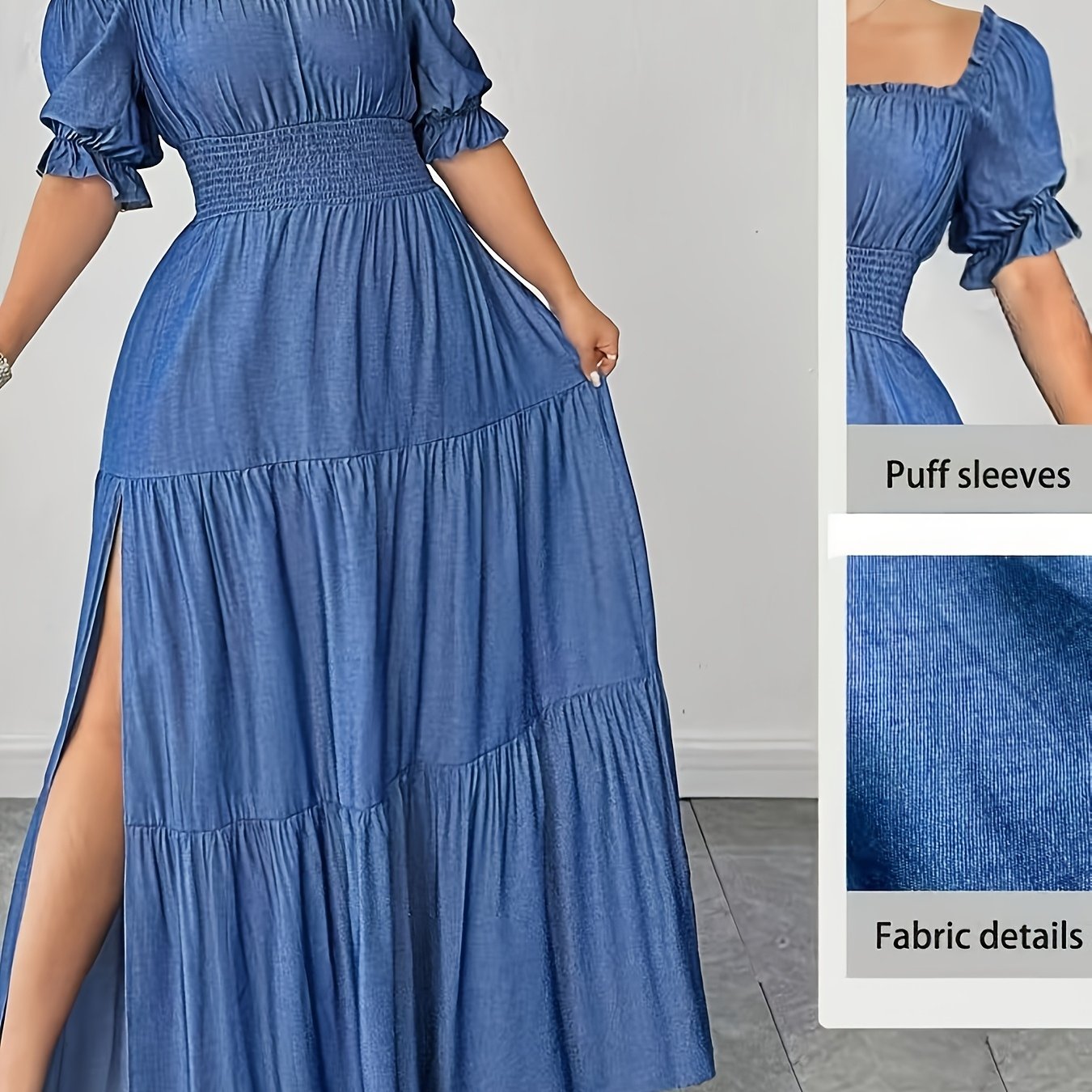 TEMU Vestido de Talla Grande para Mujer, Elegante y de Color Sólido, de Denim, Hombros Descubiertos, Abullonadas, Abertura , Manga Corta, Vestido