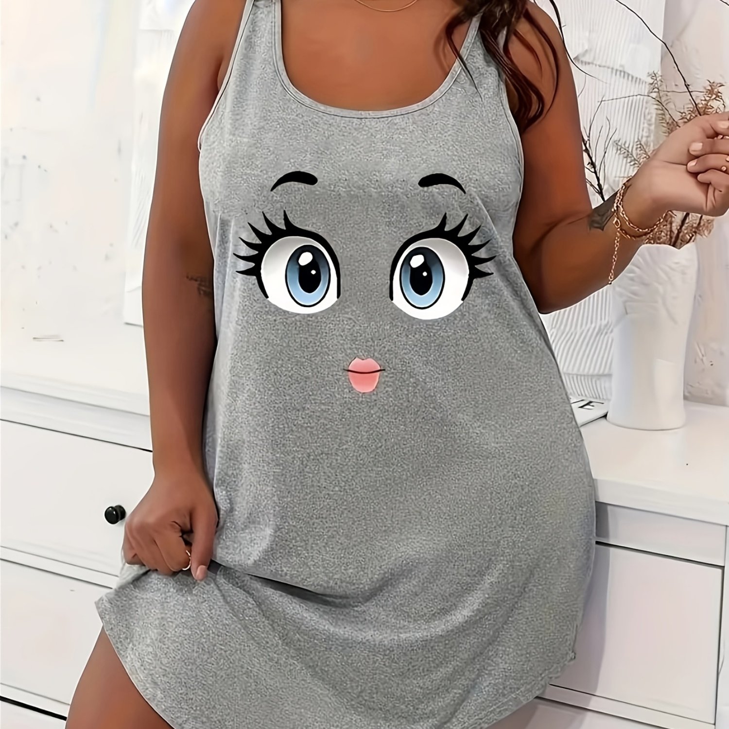 Image of Women's Casual Pajamas, Big- Printed Round Neck Curved Hem Tank Dress, Spring/summer Cool