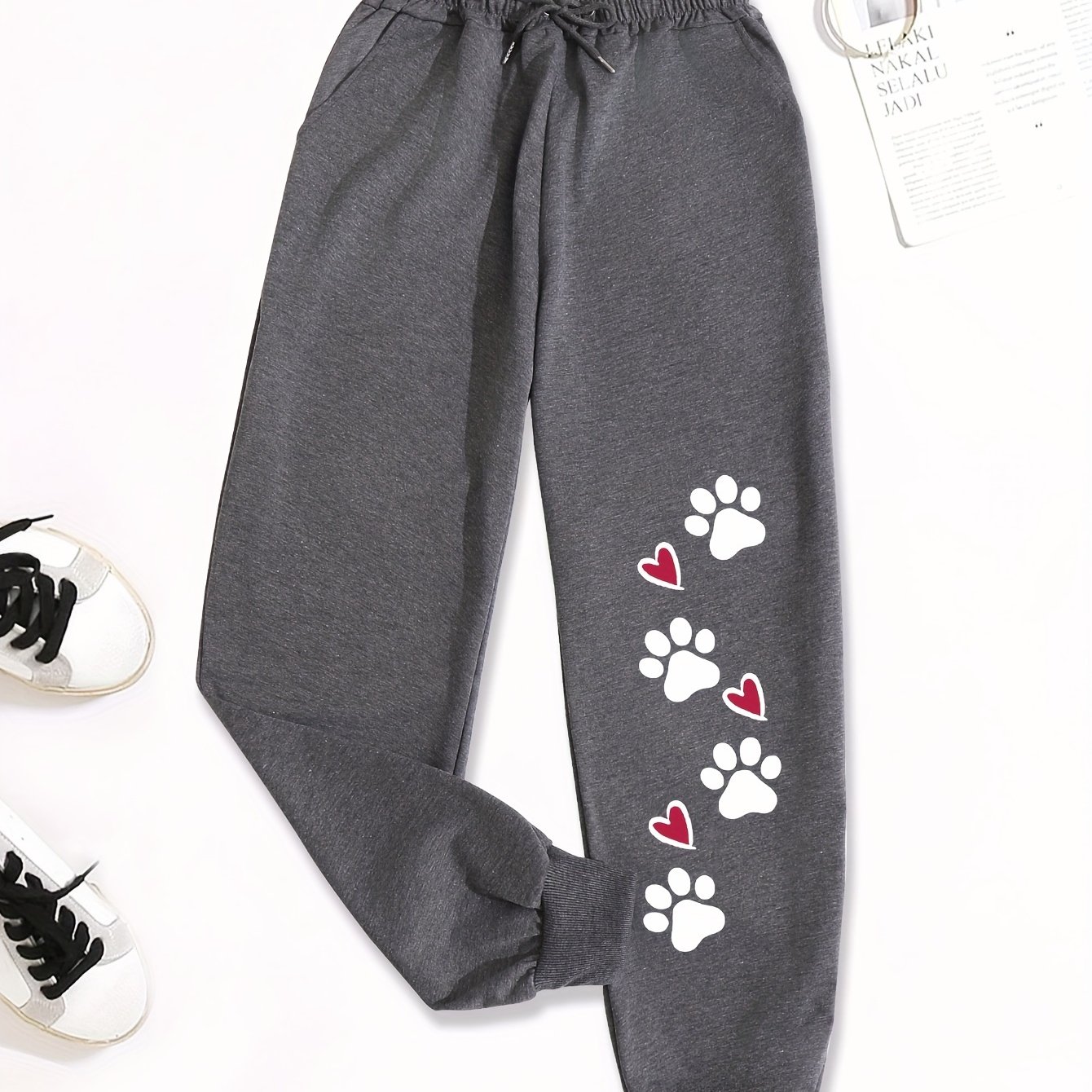 TEMU Pantalon de Survêtement À Cordon de Serrage Imprimé Pattes de Chien Et Cœur, Pantalons Mignons Pour Et L’automne, Vêtements Pour Femmes