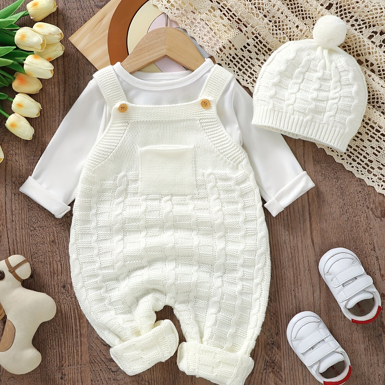 Image of Baby Knitted Suspender Jumpsuit Long-leg Climbing Suit Plus Hat Two-piece Set, Excluding Inner Wear, For Outdoor