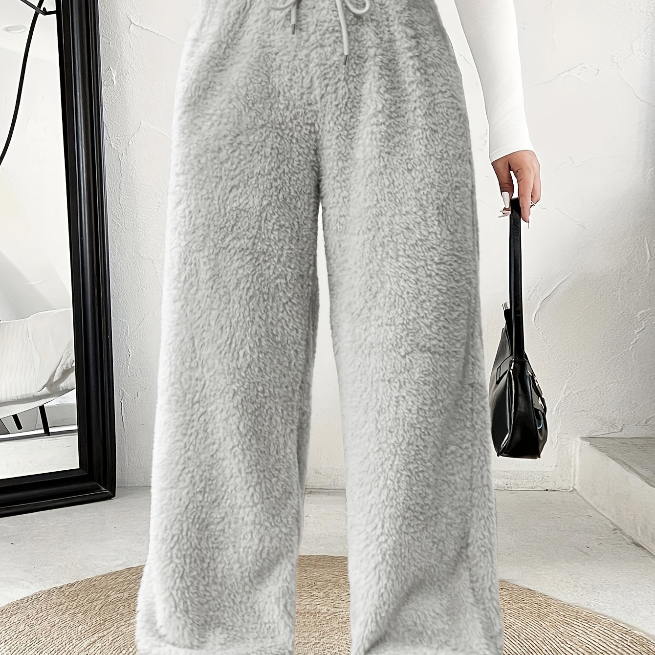 Image of Plus Size -adult Plus Size Clothing Autumn Winter Casual Reversible Plush Thick Warm Waistband Drawstring Loose Drape Wide Leg Pants