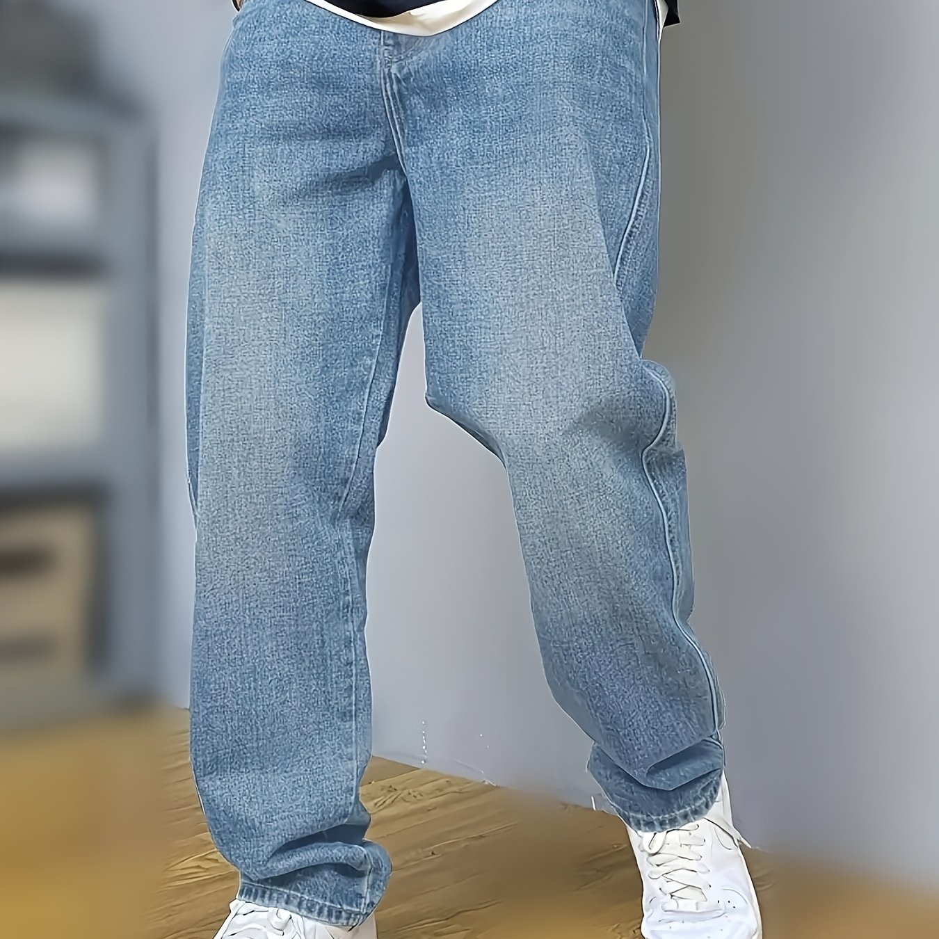 Image of Men' Blue Relaxed-fit Straight-leg Jeans - Beltless Button-fly Casual Wide-leg Pants, Washed Denim For Wear, Hand Wash (no Dryer), Versatile For Everyday & Holiday Outfits (no Belt Compatible)