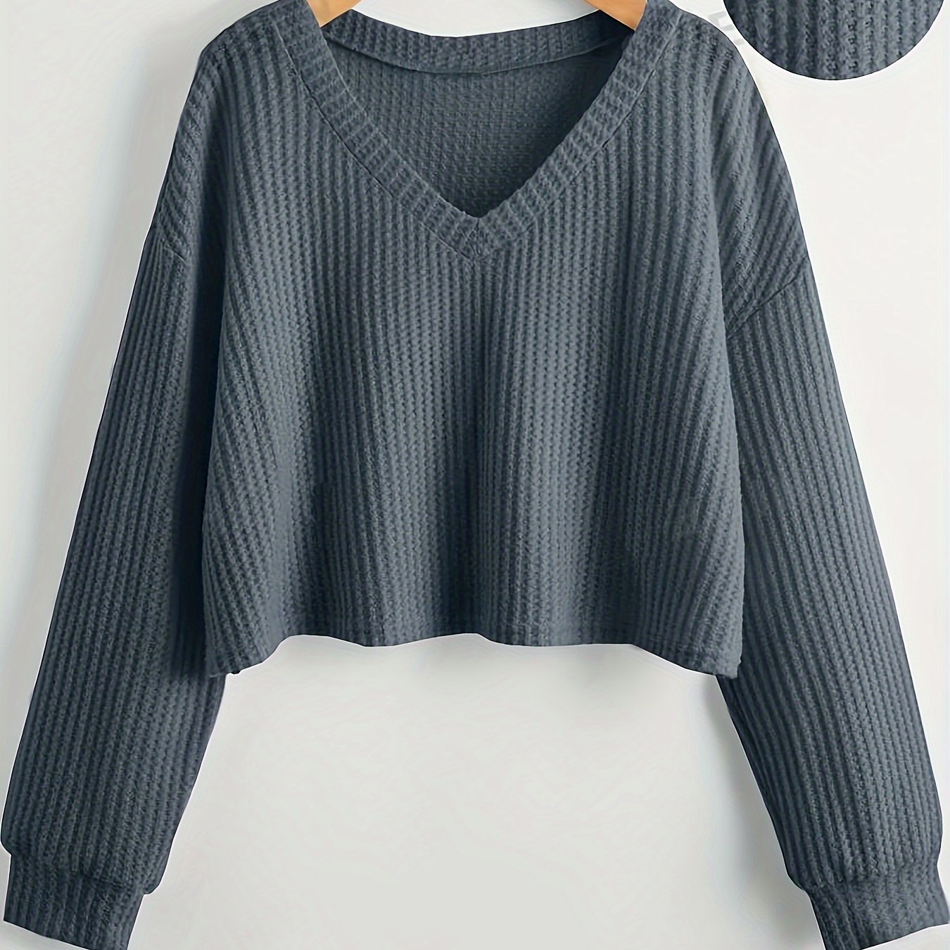 TEMU Women's V-neck Long Sleeve T-shirt, Polyester Knit Fabric, Solid Color, Loose Fit Pullover For Spring/fall, Plus Size Blouses