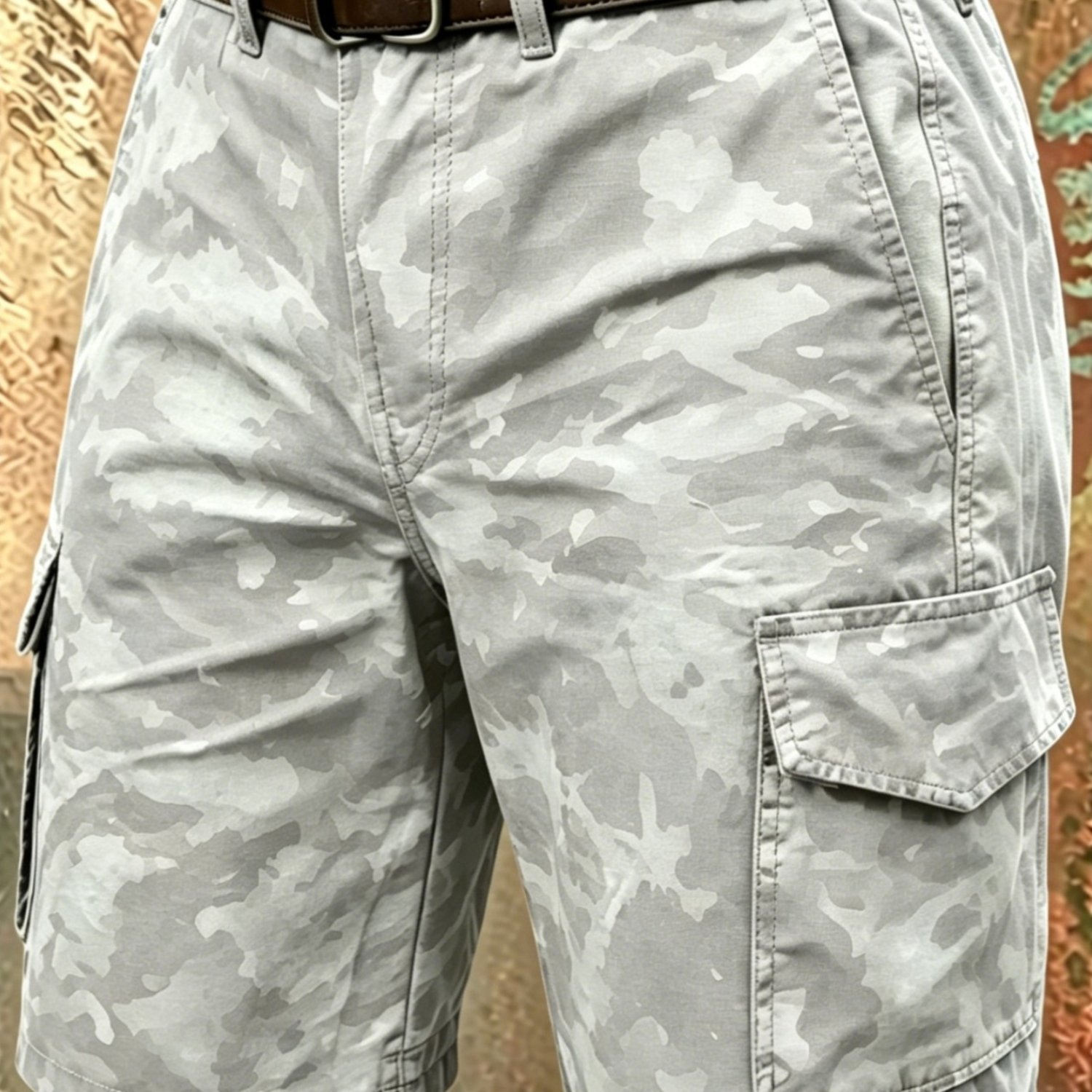 Image of 1pc Men' Gray Camo Print Cargo Shorts, Vintage Military Tactical Style, Multi-pocket Casual Work Shorts With Breathable Fabric, Ideal For Hiking, Outdoor Sports And Daily Casual Outfits