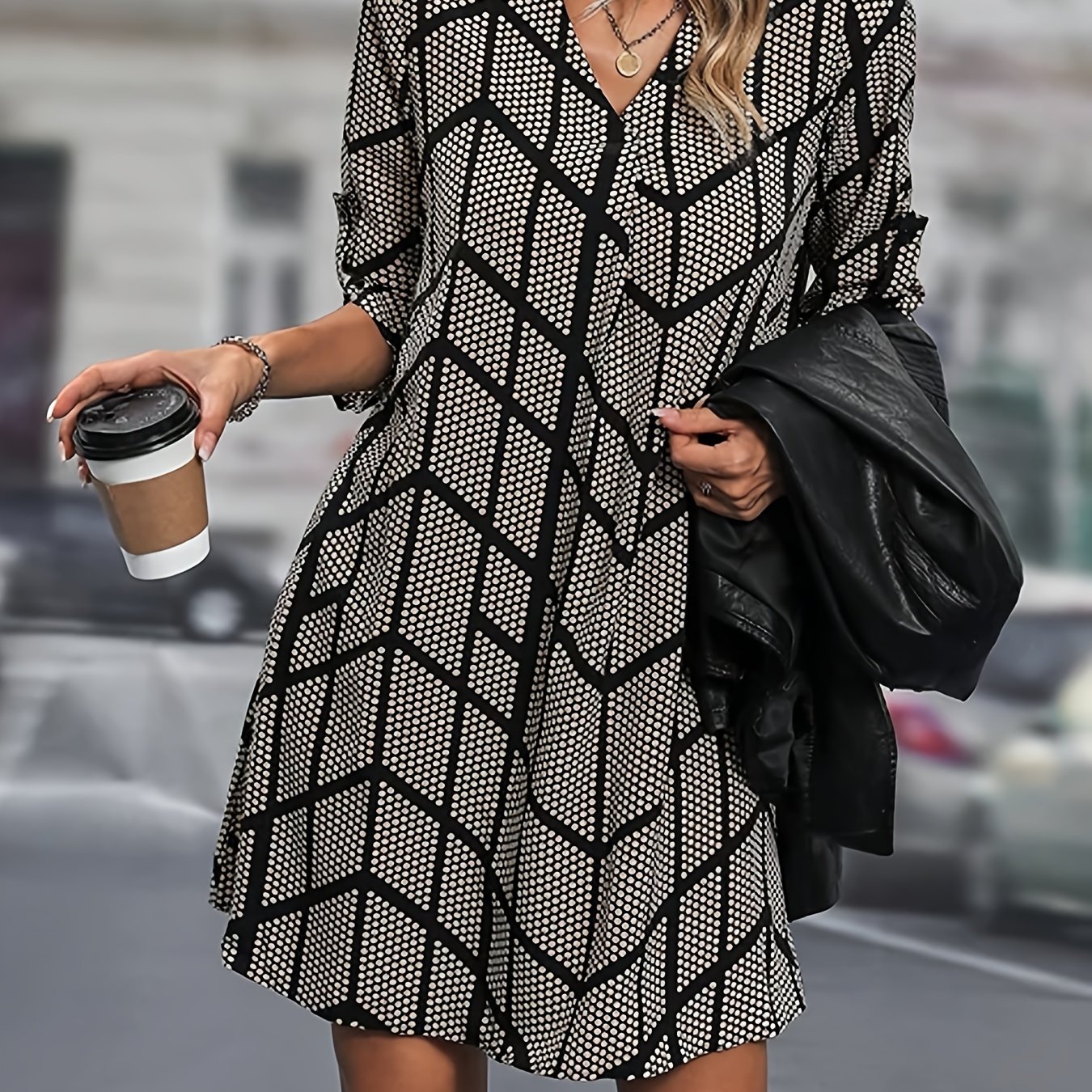 Vacation-themed Printed Long-sleeve Dress With Ruffles
