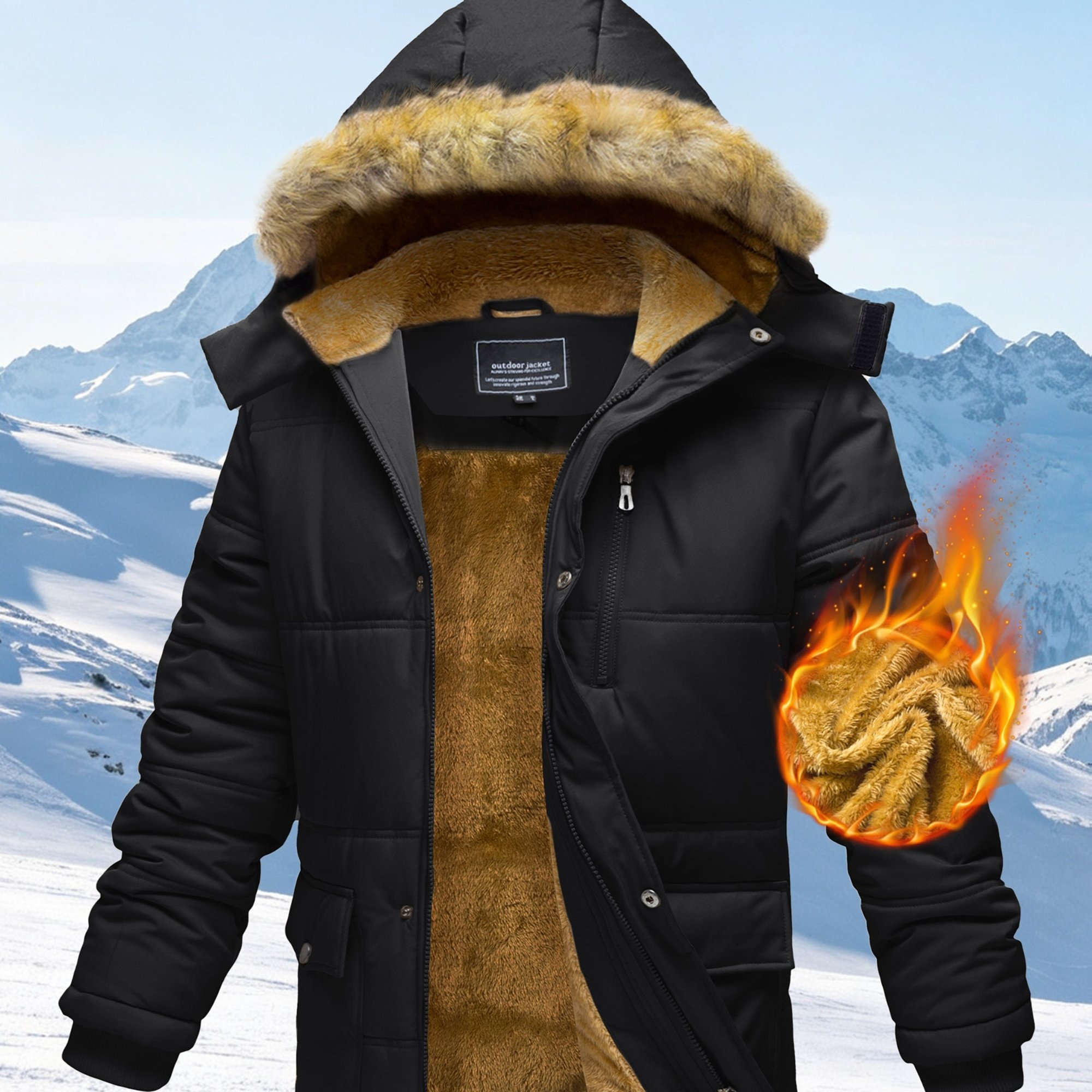 Image of Men's Winter Hooded Jacket Fleece-lined Full-zip Windproof With Detachable Hood & Multi-, Warm Outdoor Suitable For Hiking, Camping, Cycling, Work, Machine Washable (regular Fit)