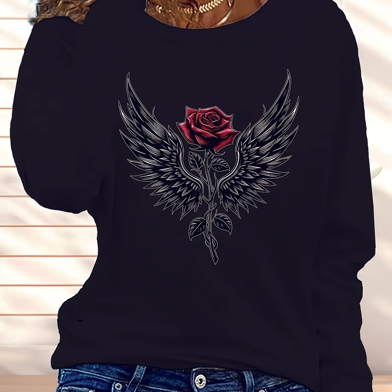 TEMU Women's Long-sleeve T-shirt Featuring A Wing And Red - A Soft, Stretchy, Round-neck Casual Top Suitable For Spring And Autumn, Machine Washable,