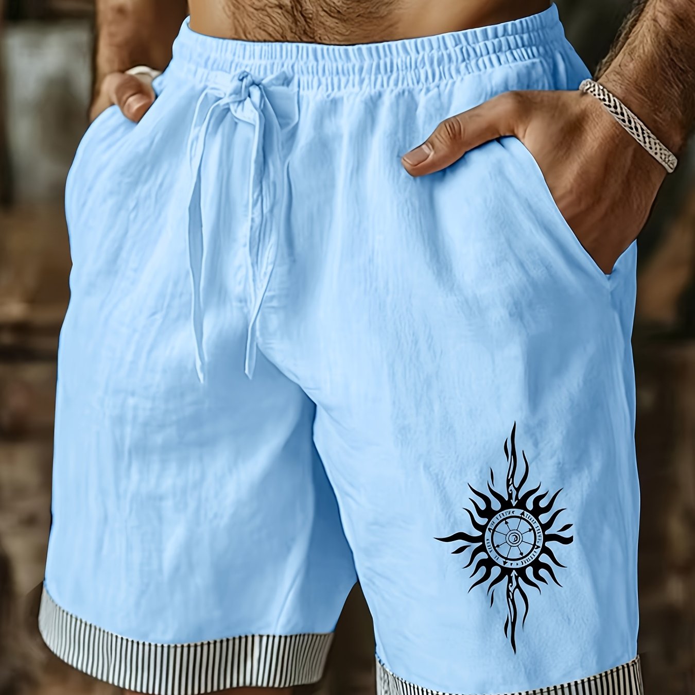 TEMU Printed Men's Linen Shorts, Summer Drawstring Pocket Shorts With Elastic Waistband, Solid Color, Comfortable And Breathable, Casual Daily
