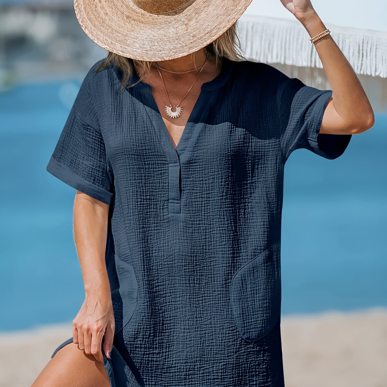 TEMU Plus Size, Plus-size Women's Vacation Casual V-neck Shirt, Suitable For Daily Wear And Vacations
