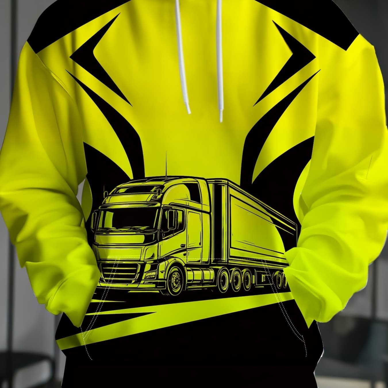 TEMU [printed Design - Not Textured] Autumn/winter Casual Hooded Sweatshirt For Men, Trendy Heavy-duty Truck Graphic Print, Color , Comfortable And