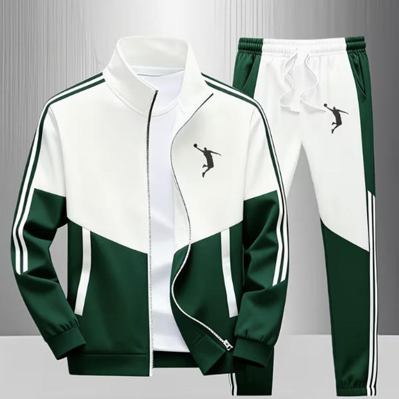 Image of Men's Tracksuit Set Light Blue Block Basketball Player Graphic Zip Up Jacket Pants Adult Men Sportswear Style Fall Winter
