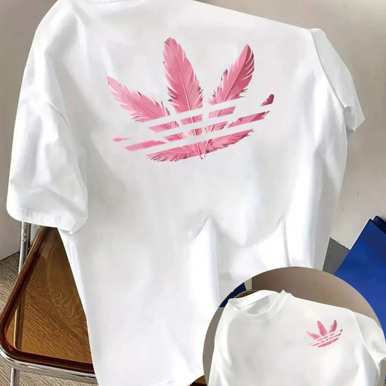 TEMU 앞면과 뒷면에 클로버 디자인, 핑크 깃털 패션 프린트가 있는 반팔 티셔츠 - 남녀공용 봄 여름 트렌디한 그래픽 티, 패션 스타일, 주말 데이트 및 여행