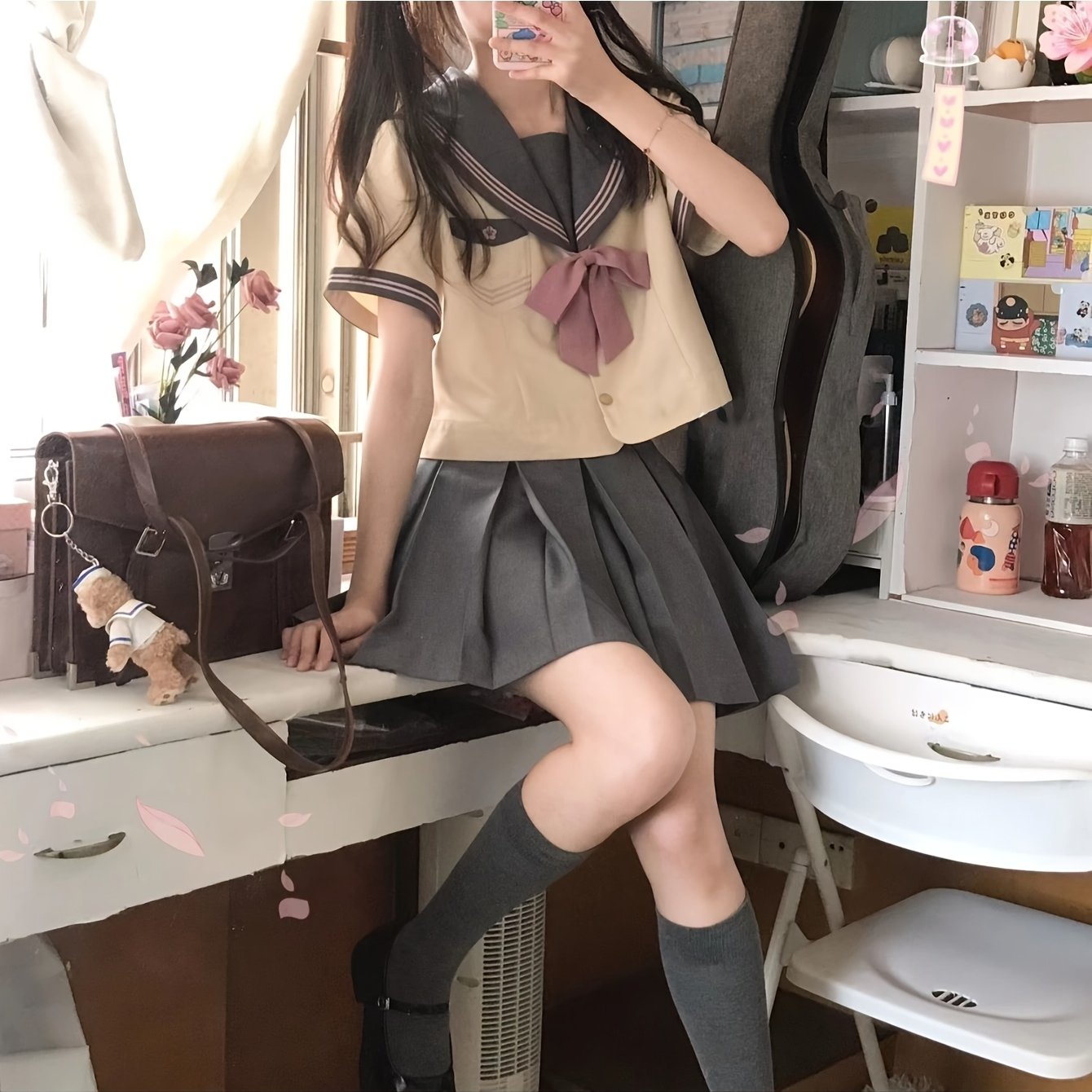 TEMU プラスサイズ、ぽっちゃりさん向けセット、夏用和風セーラー服セットドレス、女性用セーラースカート