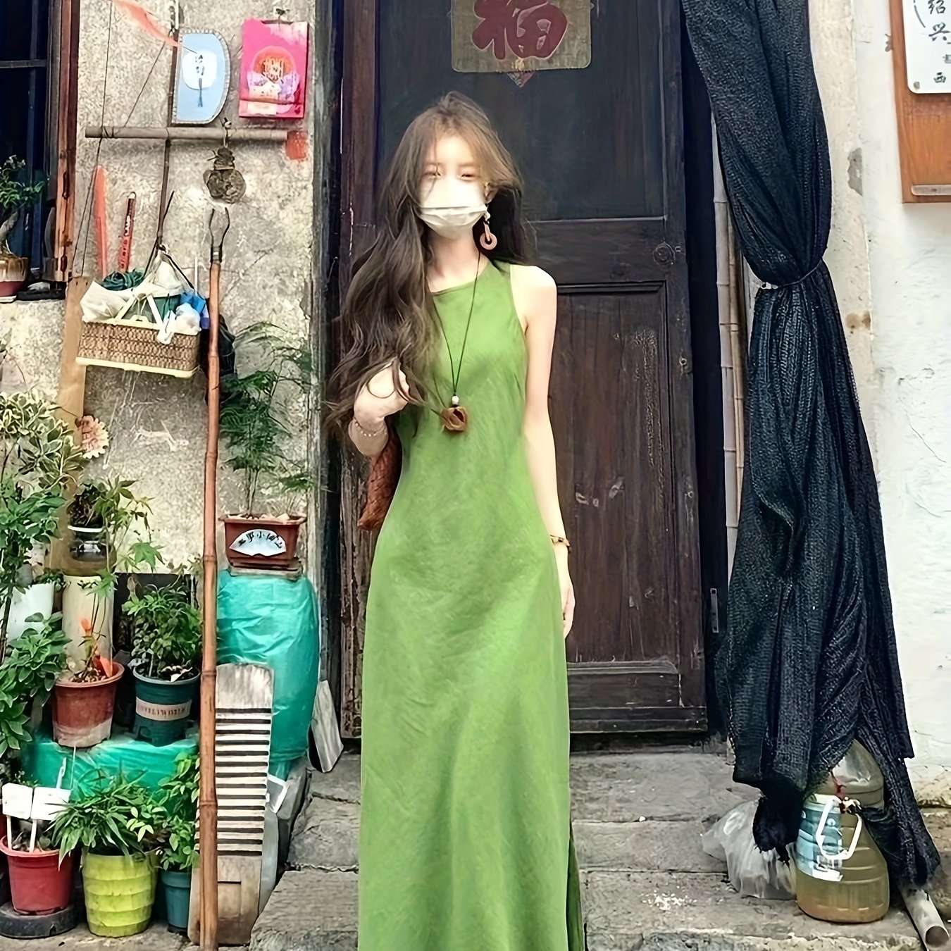 TEMU レディース レトロ ノースリーブ オフショルダードレス - ウエスト 森系スタイルドレス 無地ベストワンピース 旅行・普段着に最適 洗濯機洗い可 夏服 流れるような高級感