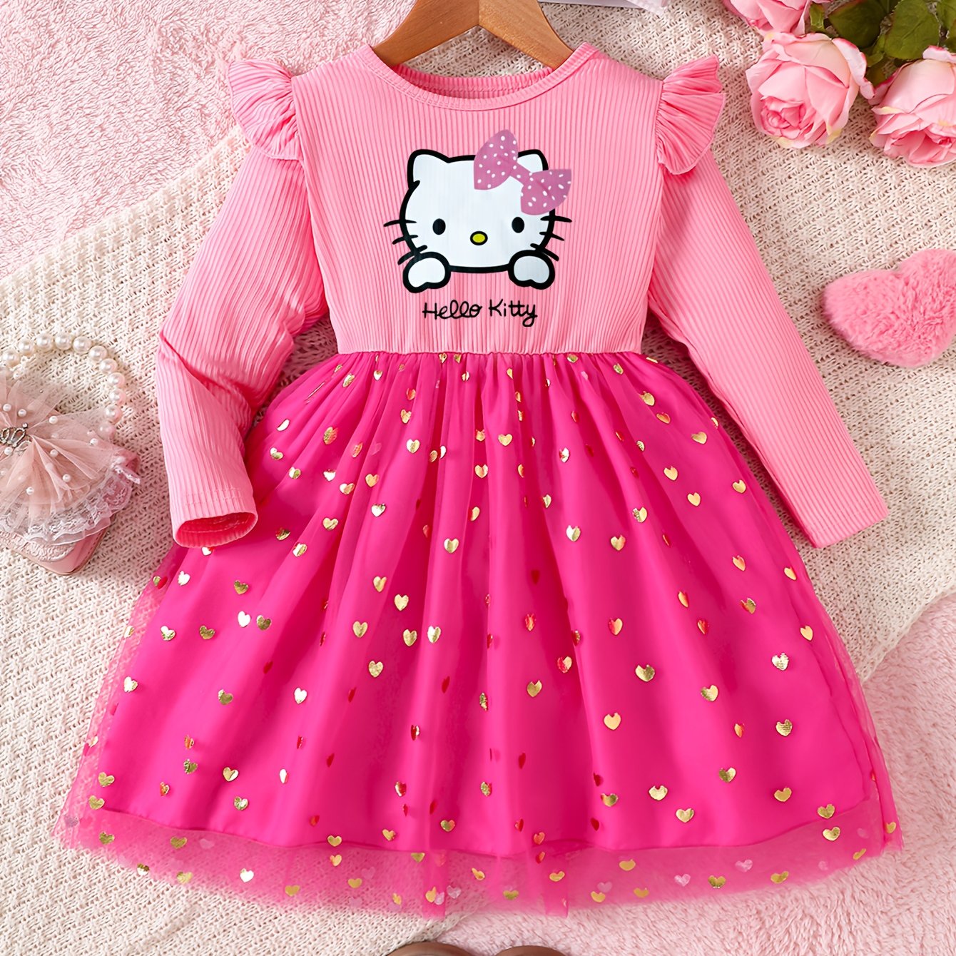 Image of Girls' Princess Dress Round Neck Long Sleeve Print Heart Mesh Skirt Casual Outing Dress Birthday Gift Spring Autumn Back To