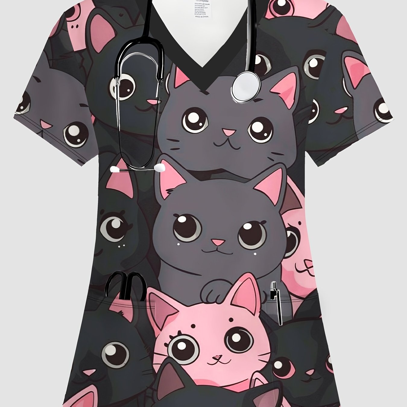 TEMU Uniforme d'infirmière grande taille pour femme avec joli motif de chat, blouse de travail à manches courtes et col en V. Haut doux et extensible