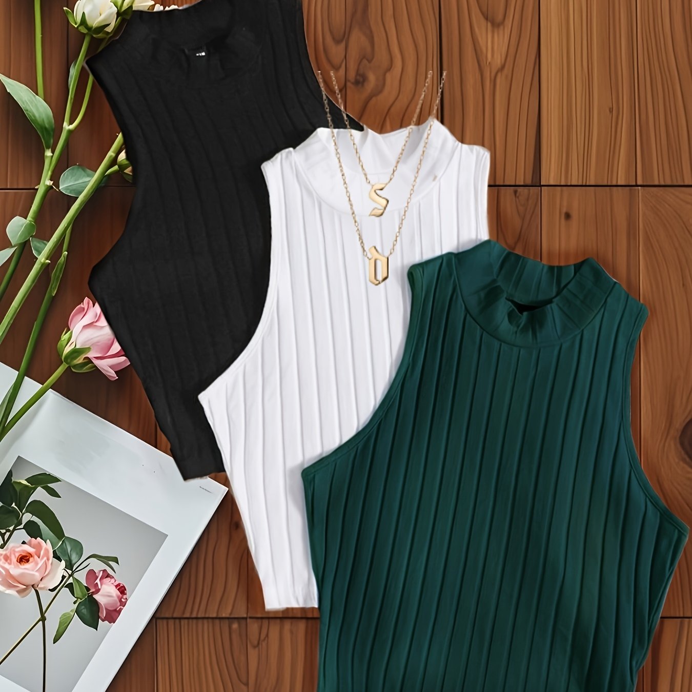 TEMU 3pcs Set Of Collar Ribbed Summer Vests